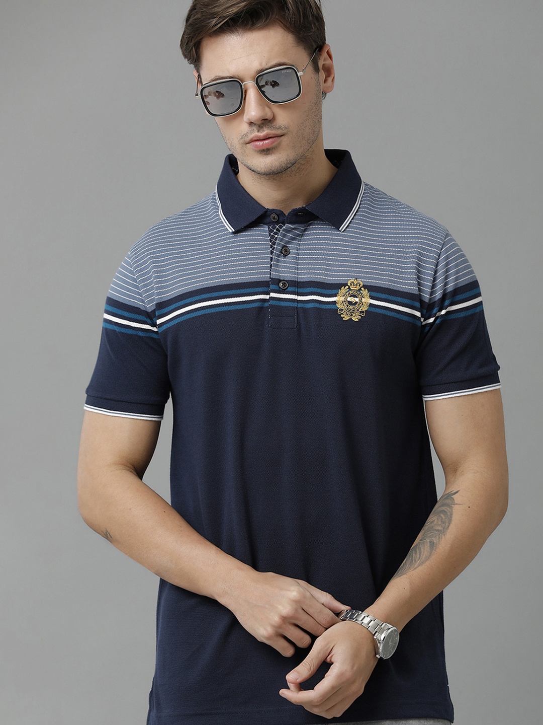 

Classic Polo Men Striped Polo Slim Fit Cotton T-shirt, Navy blue