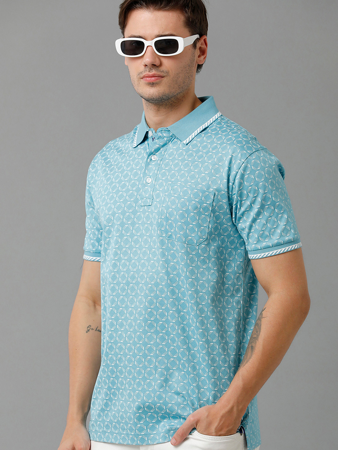 

Classic Polo Men Checked Printed Polo Collar Slim Fit Cotton T-shirt, Blue