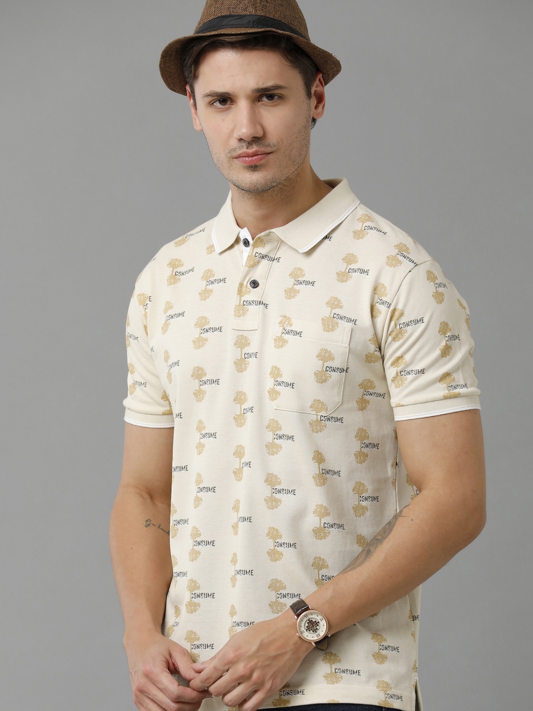 

Classic Polo Men Typography Printed Polo Collar Cotton T-shirt, Cream