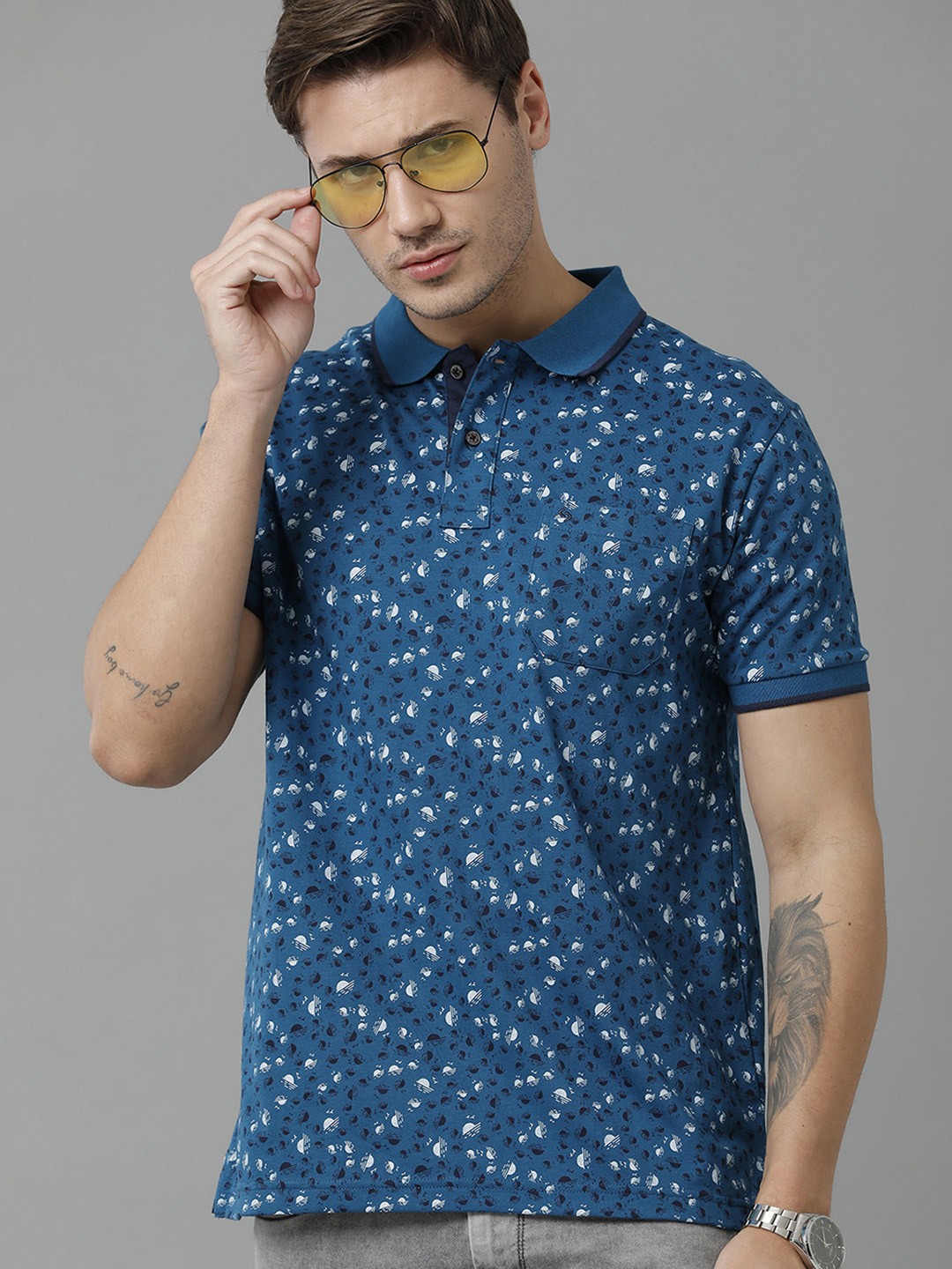 

Classic Polo Men Conversational Printed Polo Collar Cotton T-shirt, Blue