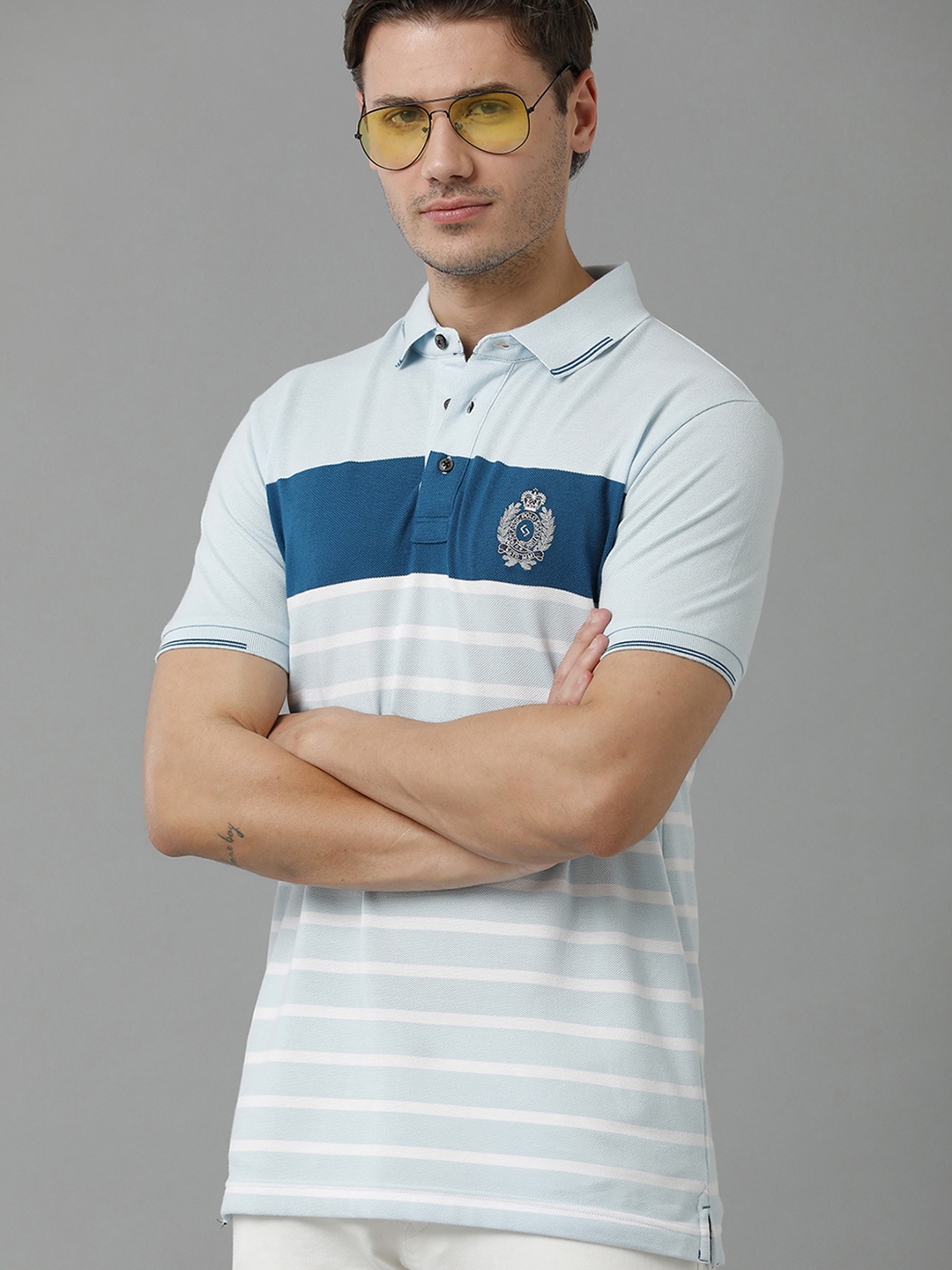 

Classic Polo Men Striped Polo Collar Cotton Slim Fit T-shirt, Turquoise blue