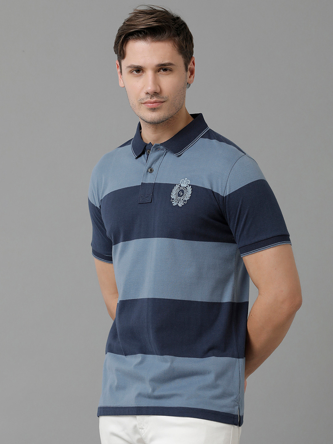

Classic Polo Men Striped Polo Collar Cotton T-shirt, Navy blue