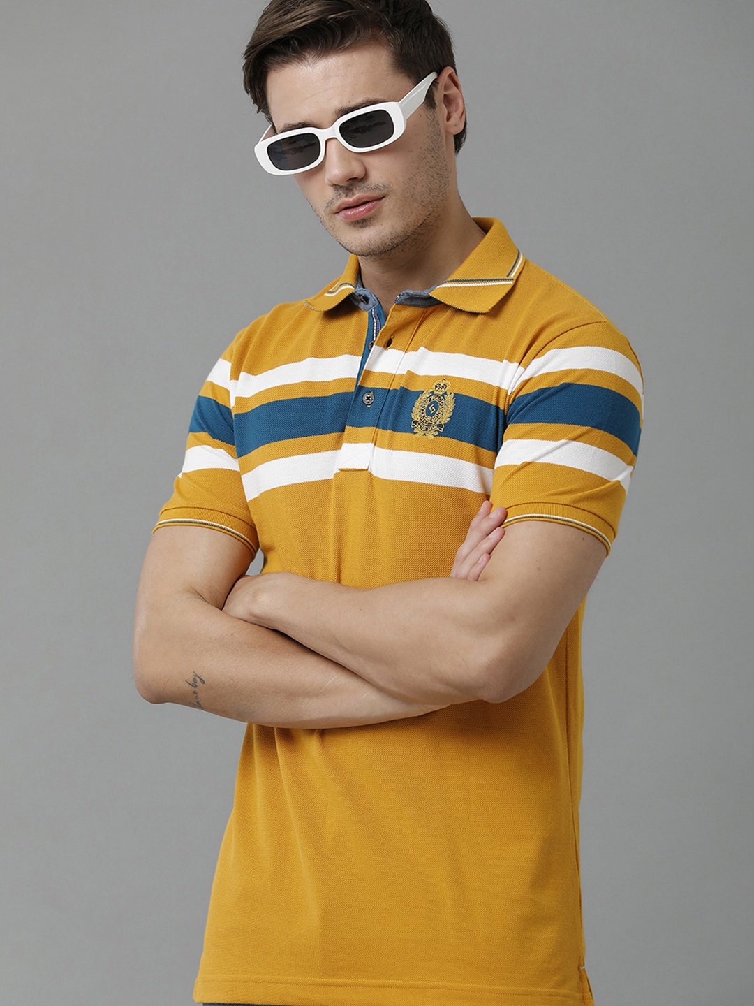 

Classic Polo Men Striped Polo Collar Slim Fit Cotton T-shirt, Mustard