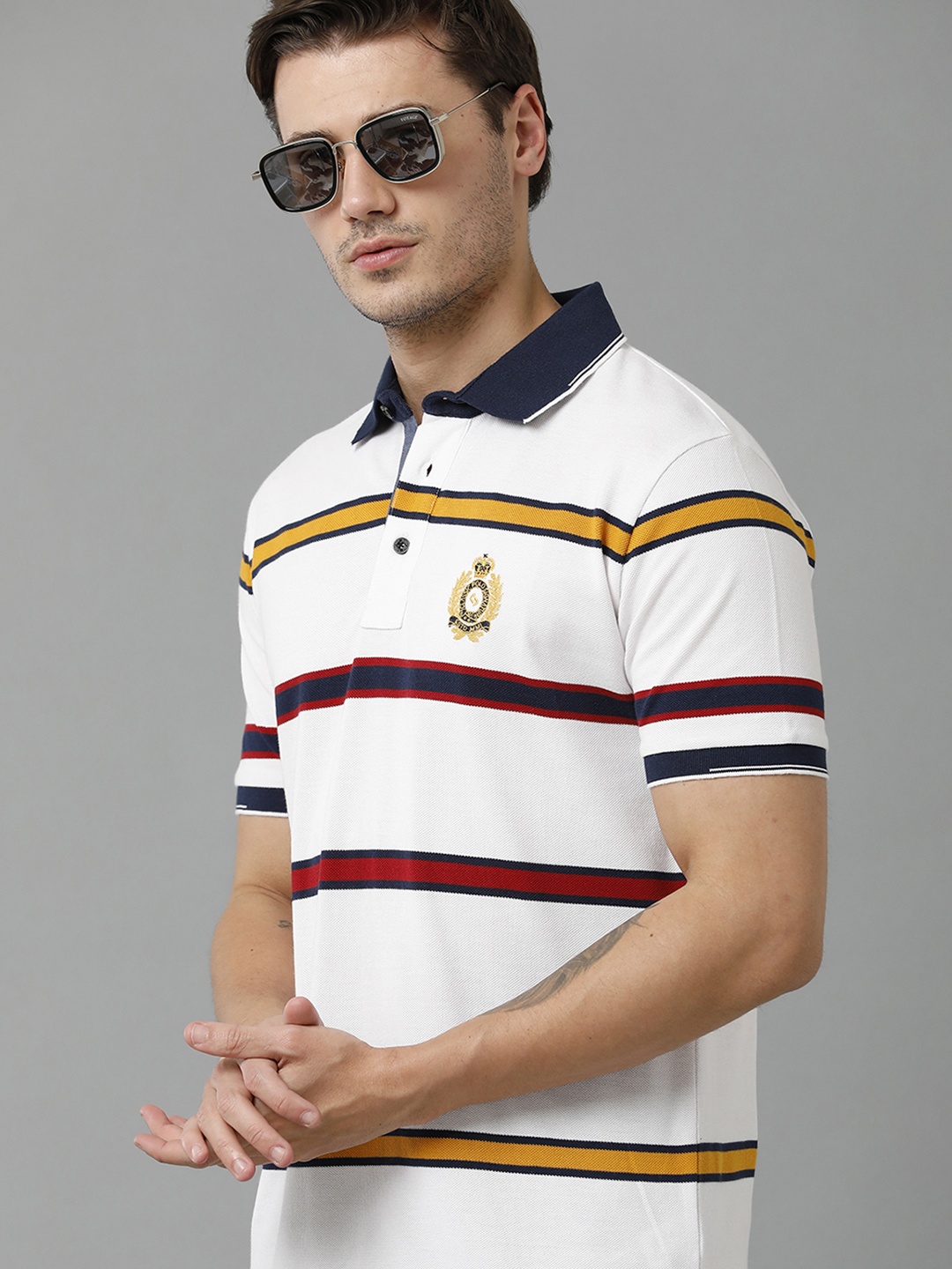 

Classic Polo Men Striped Polo Collar Cotton T-shirt, White