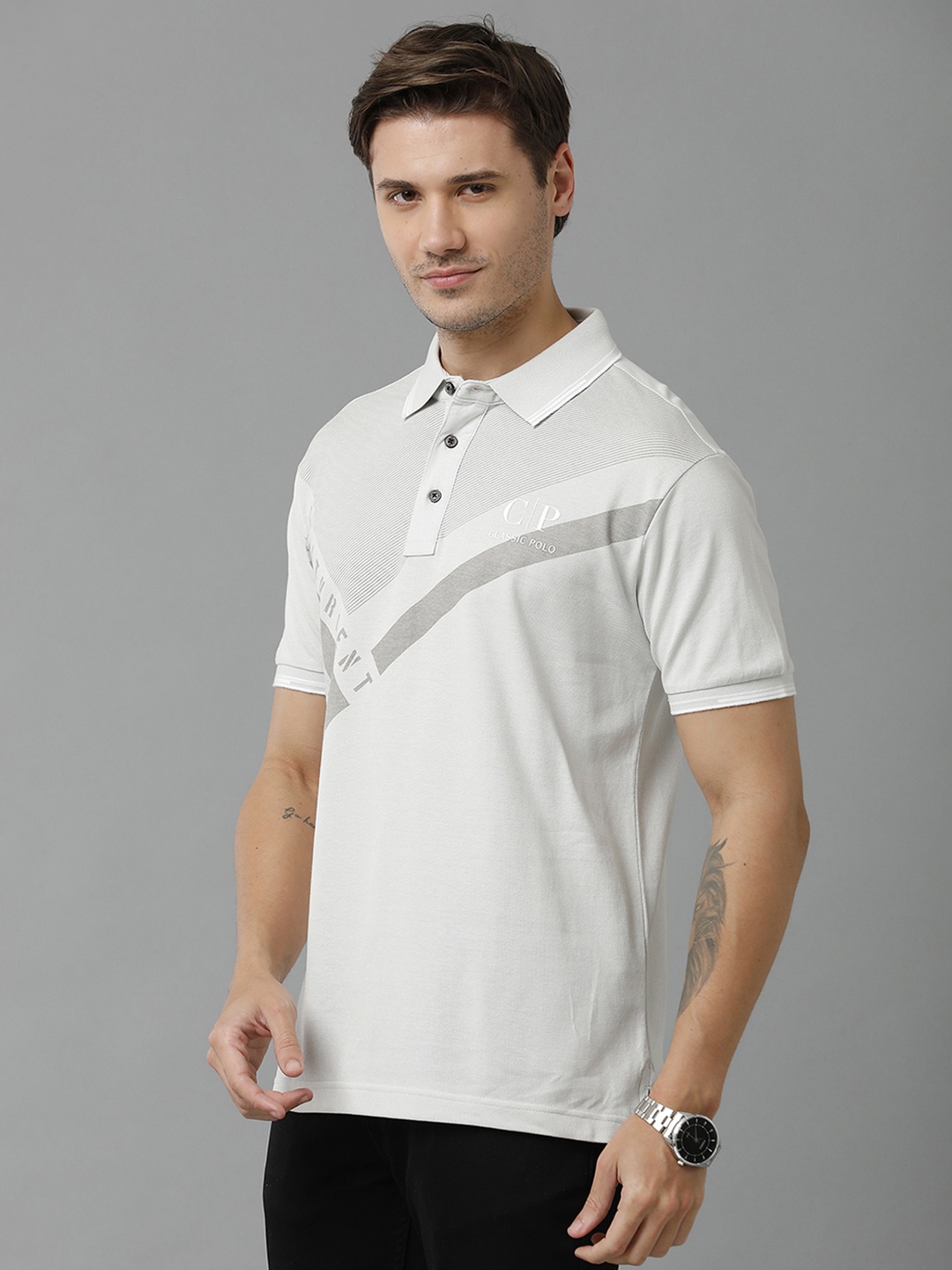 

Classic Polo Men Striped Polo Collar Slim Fit T-shirt, Grey