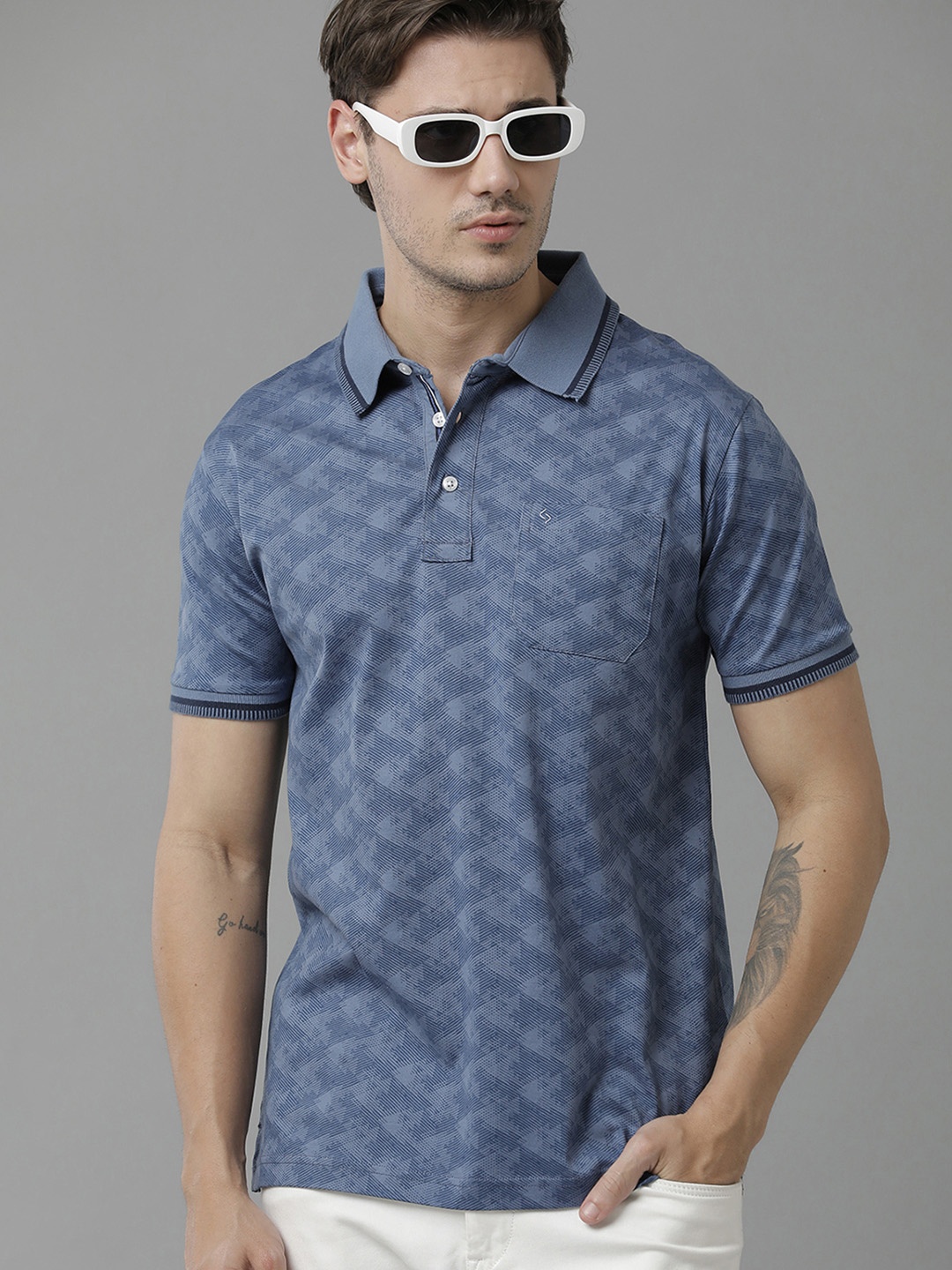 

Classic Polo Men Geometric Printed Polo Collar Cotton T-shirt, Blue