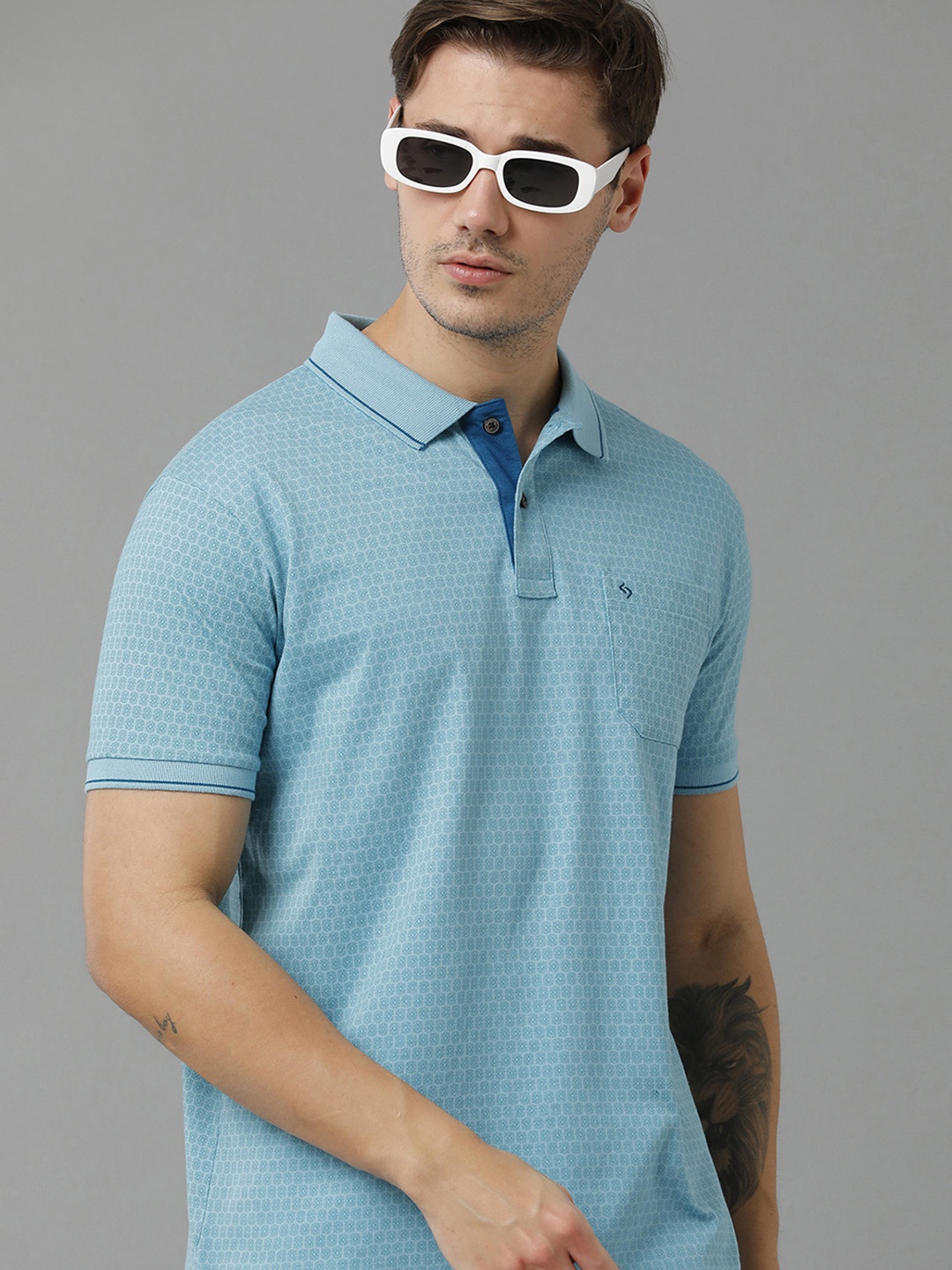 

Classic Polo Men Geometric Printed Polo Collar Cotton T-shirt, Turquoise blue