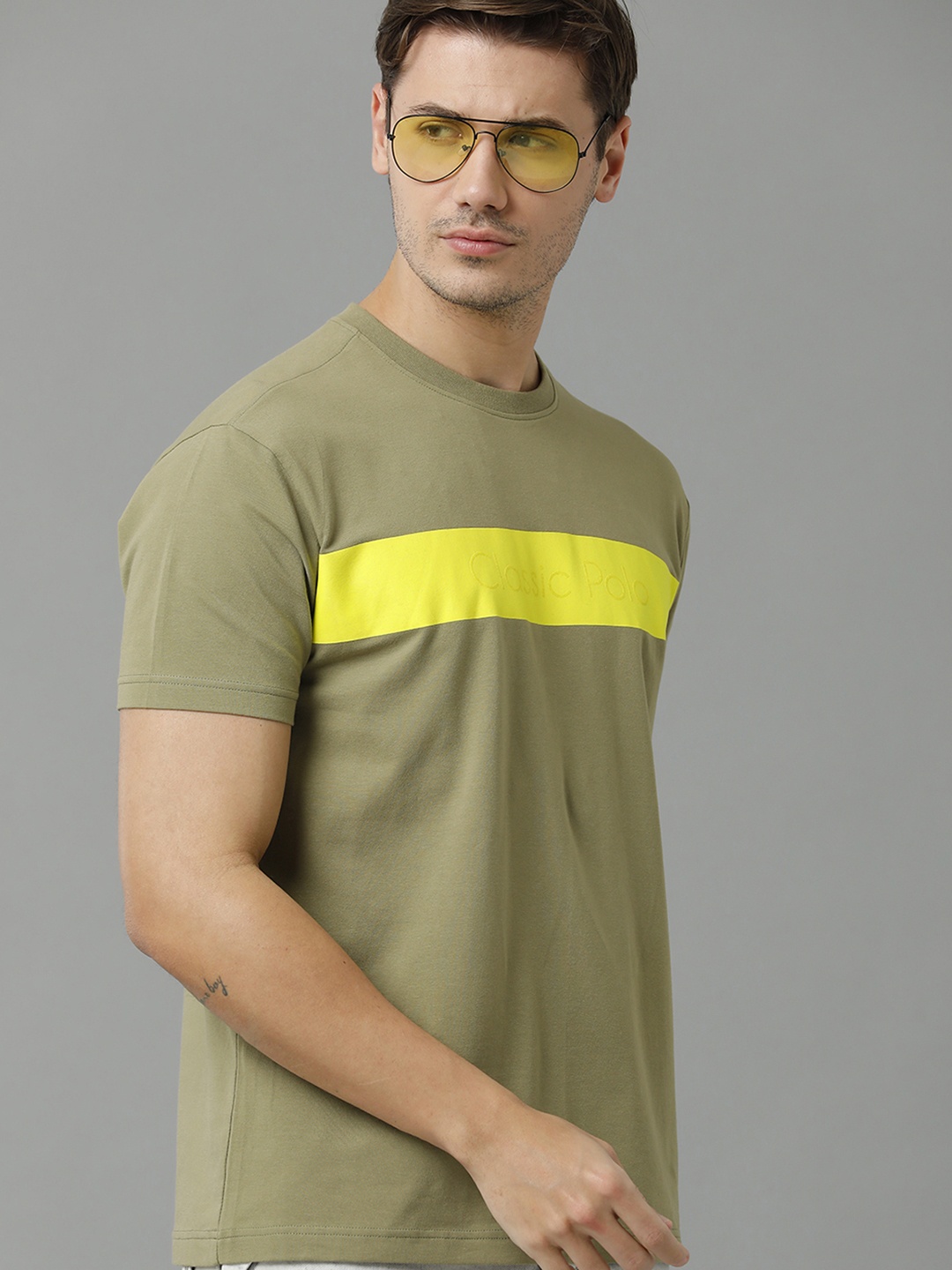 

Classic Polo Men Colourblocked Round Neck Slim Fit Cotton T-shirt, Olive