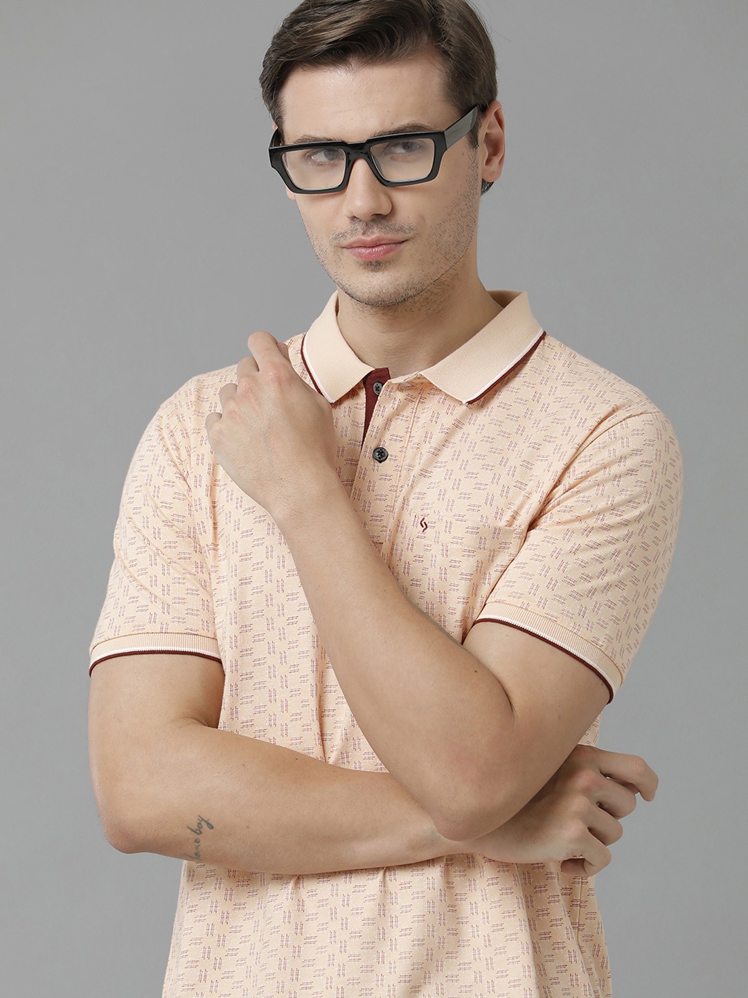 

Classic Polo Men Conversational Printed Polo Collar Cotton T-shirt, Peach