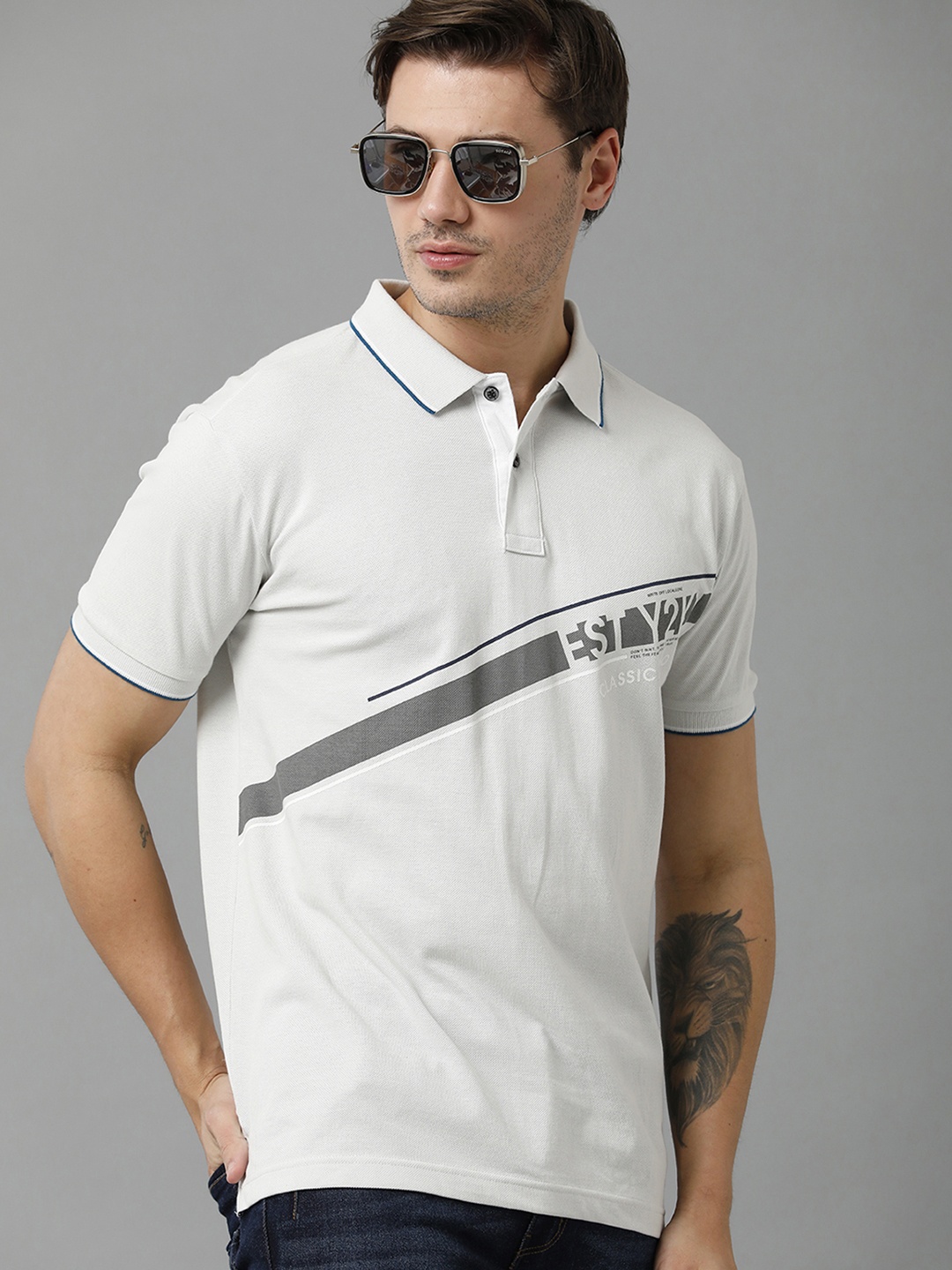 

Classic Polo Men Typography Polo Collar Slim Fit Cotton T-shirt, White
