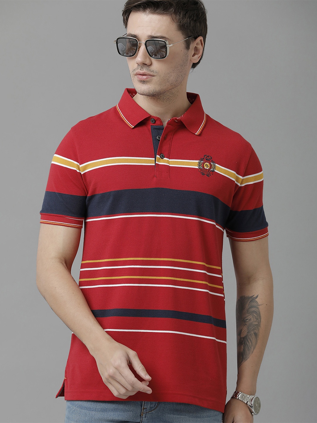 

Classic Polo Men Striped Polo Collar Cotton T-shirt, Red