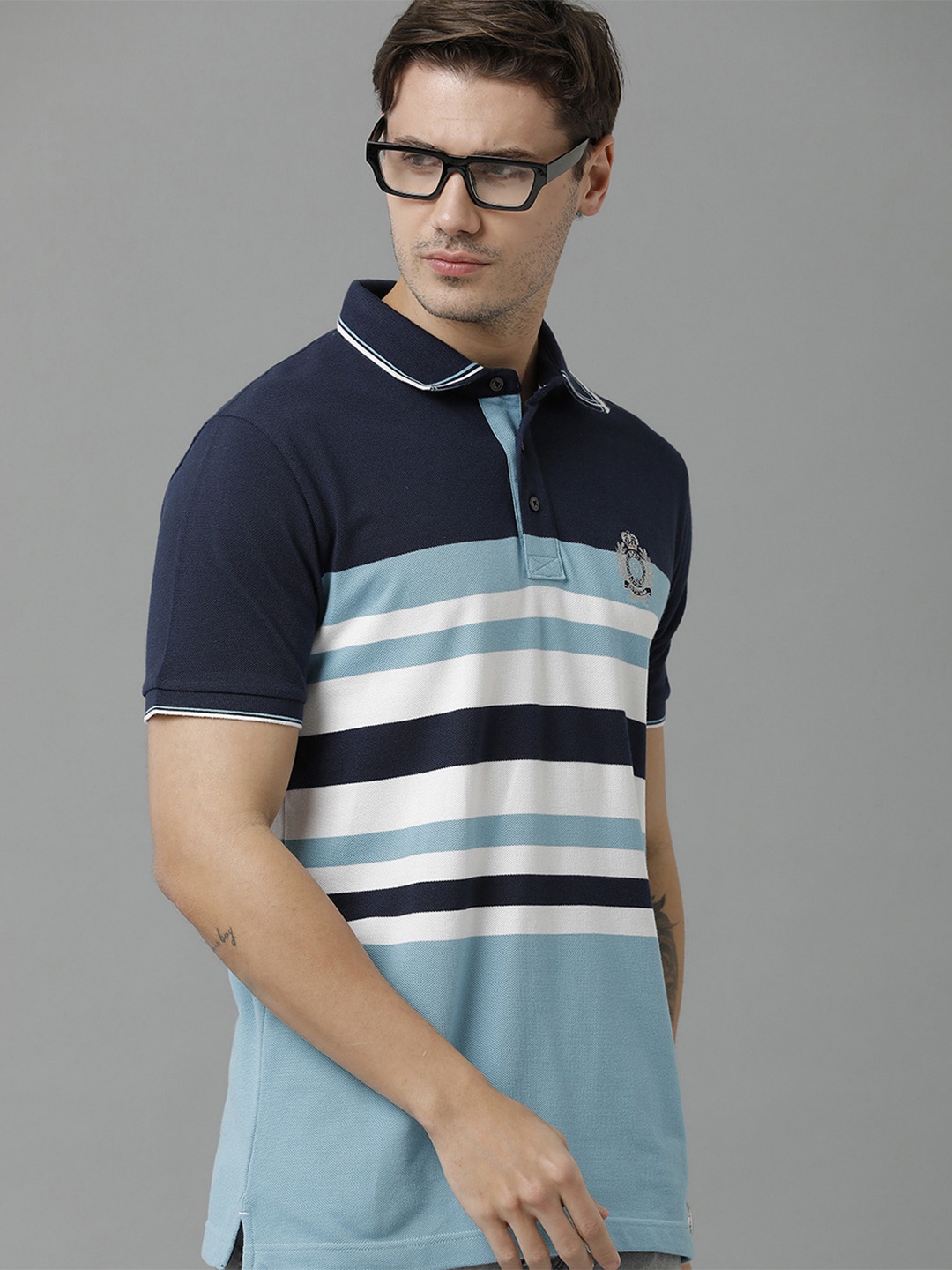

Classic Polo Men Striped Polo Collar Cotton T-shirt, Blue