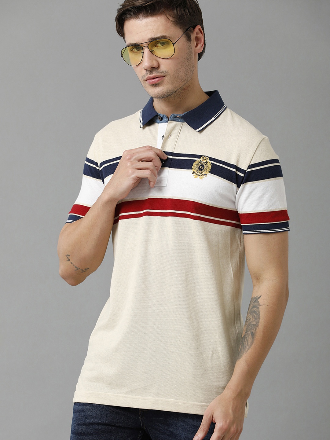 

Classic Polo Men Striped Polo Collar Cotton T-shirt, Cream