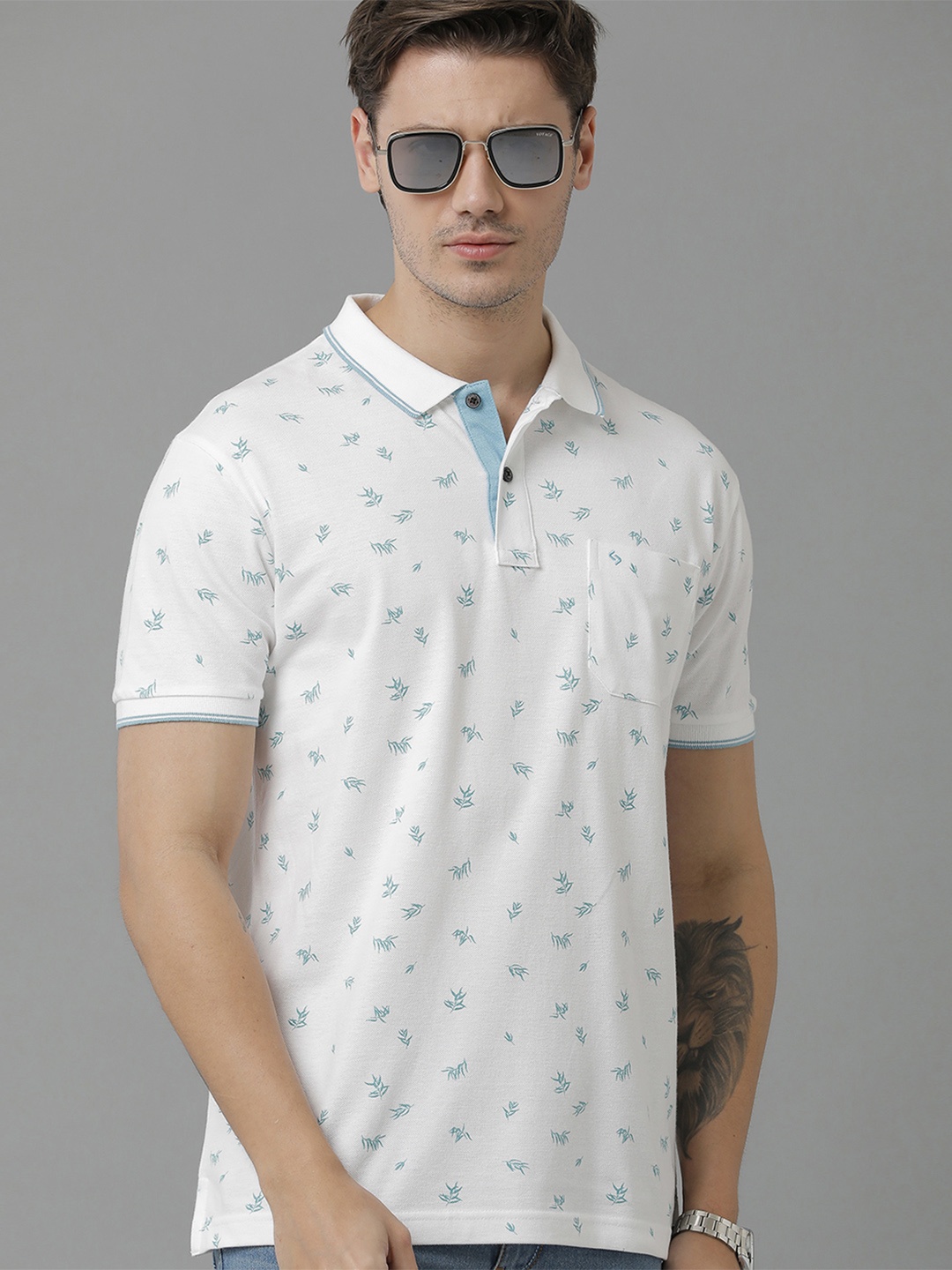 

Classic Polo Men Conversational Printed Polo Collar Slim Fit Cotton T-shirt, White