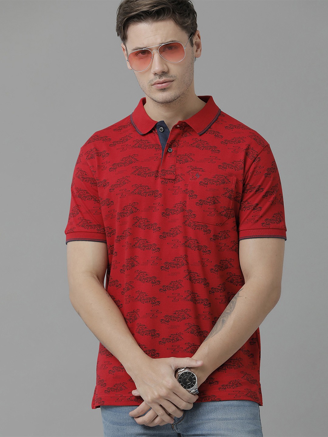 

Classic Polo Men Conversational Printed Polo Collar Cotton T-shirt, Red