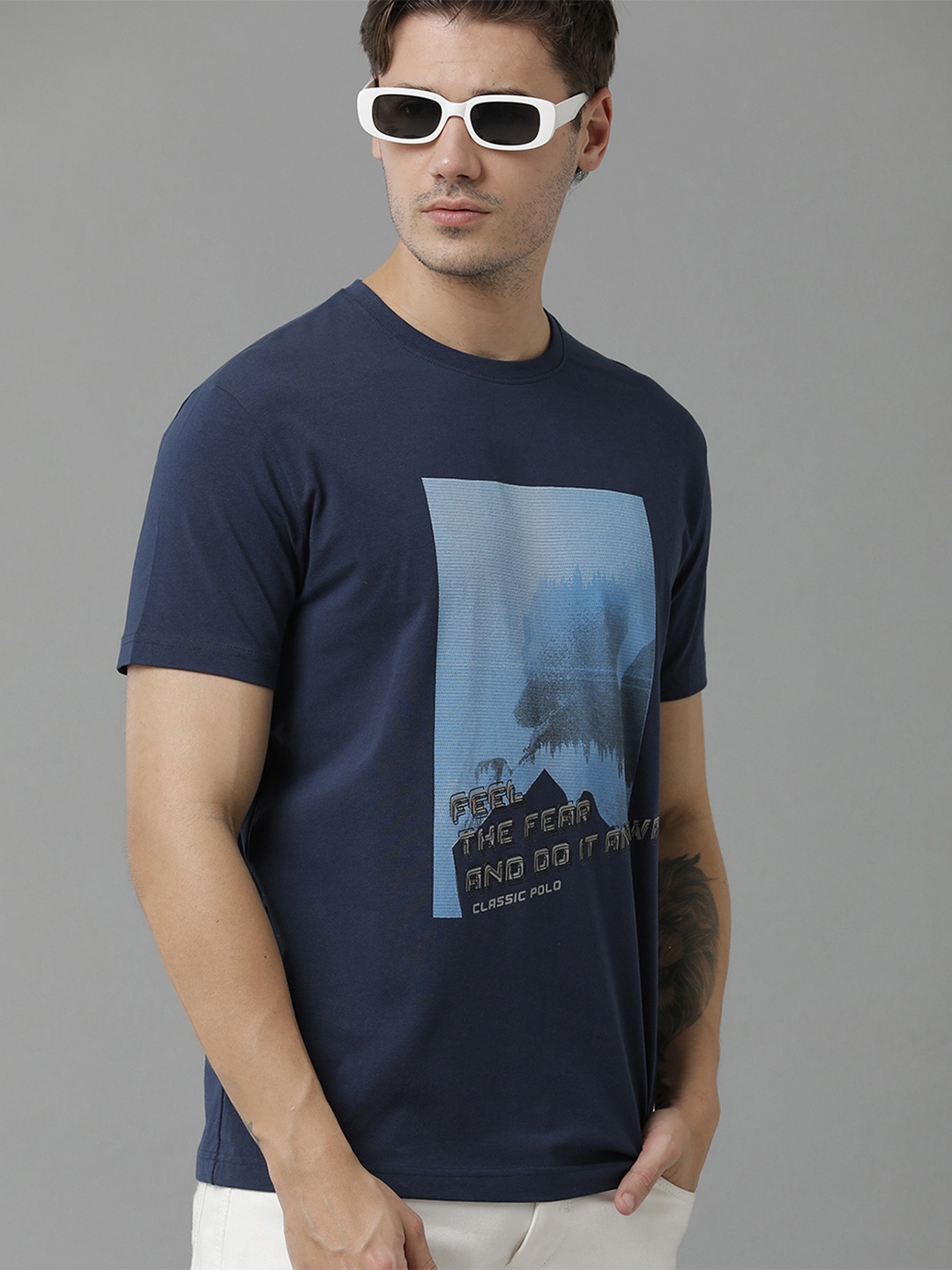 

Classic Polo Men Typography Printed Slim Fit Cotton T-shirt, Navy blue