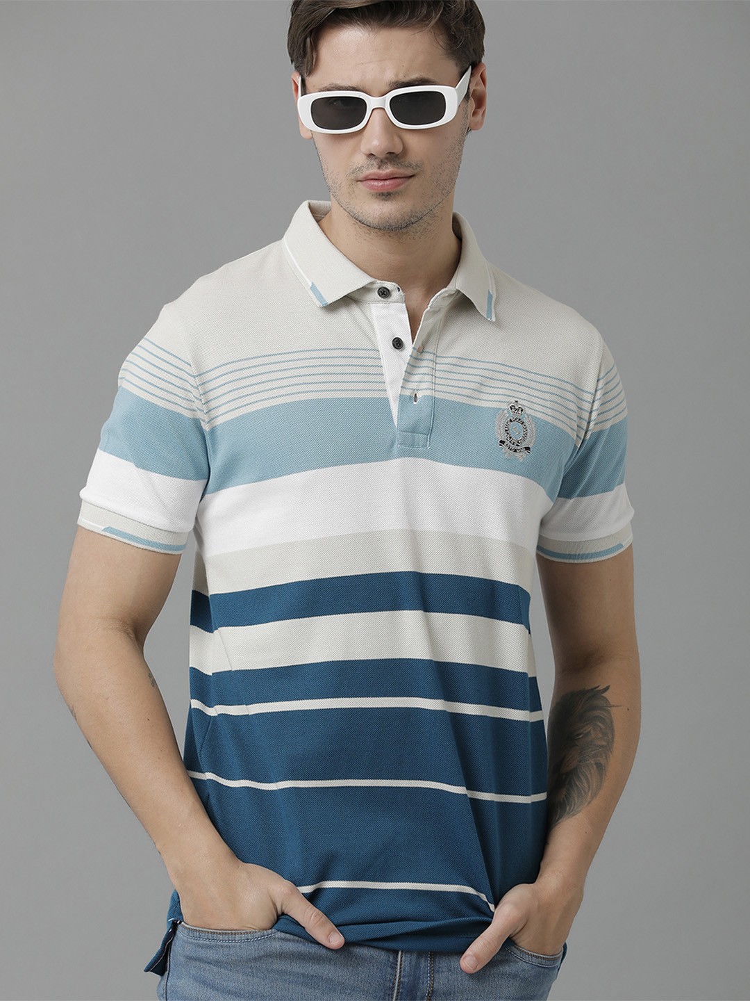

Classic Polo Men Striped Polo Collar Cotton T-shirt, Teal