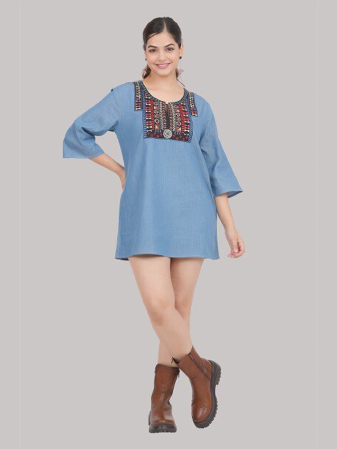 

SUMAVI-FASHION Ethnic Printed Pure Cotton Denim Top, Blue