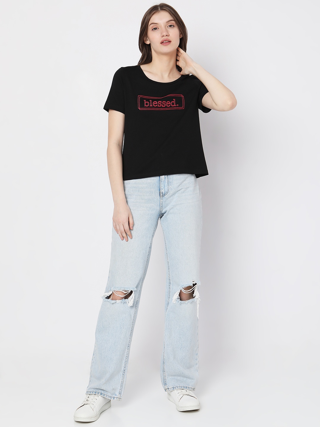 Vero Moda Women Round Neck Typography Cotton T-shirt, Black