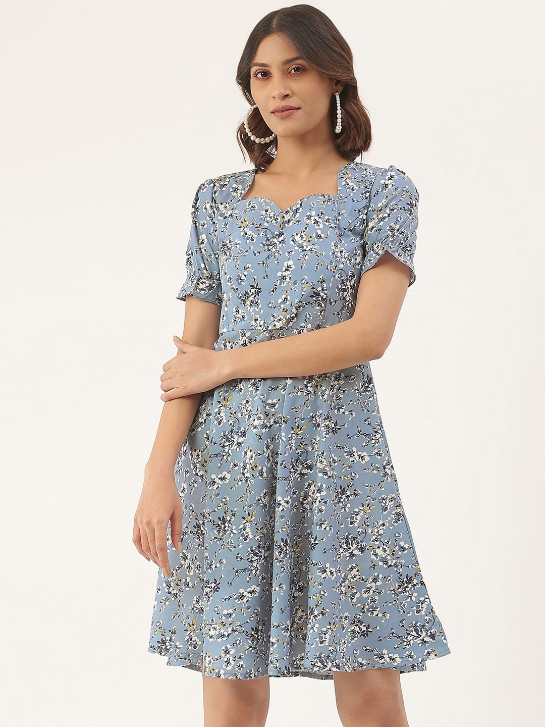

BRINNS Floral Printed Sweet Heart Neck Dress, Grey