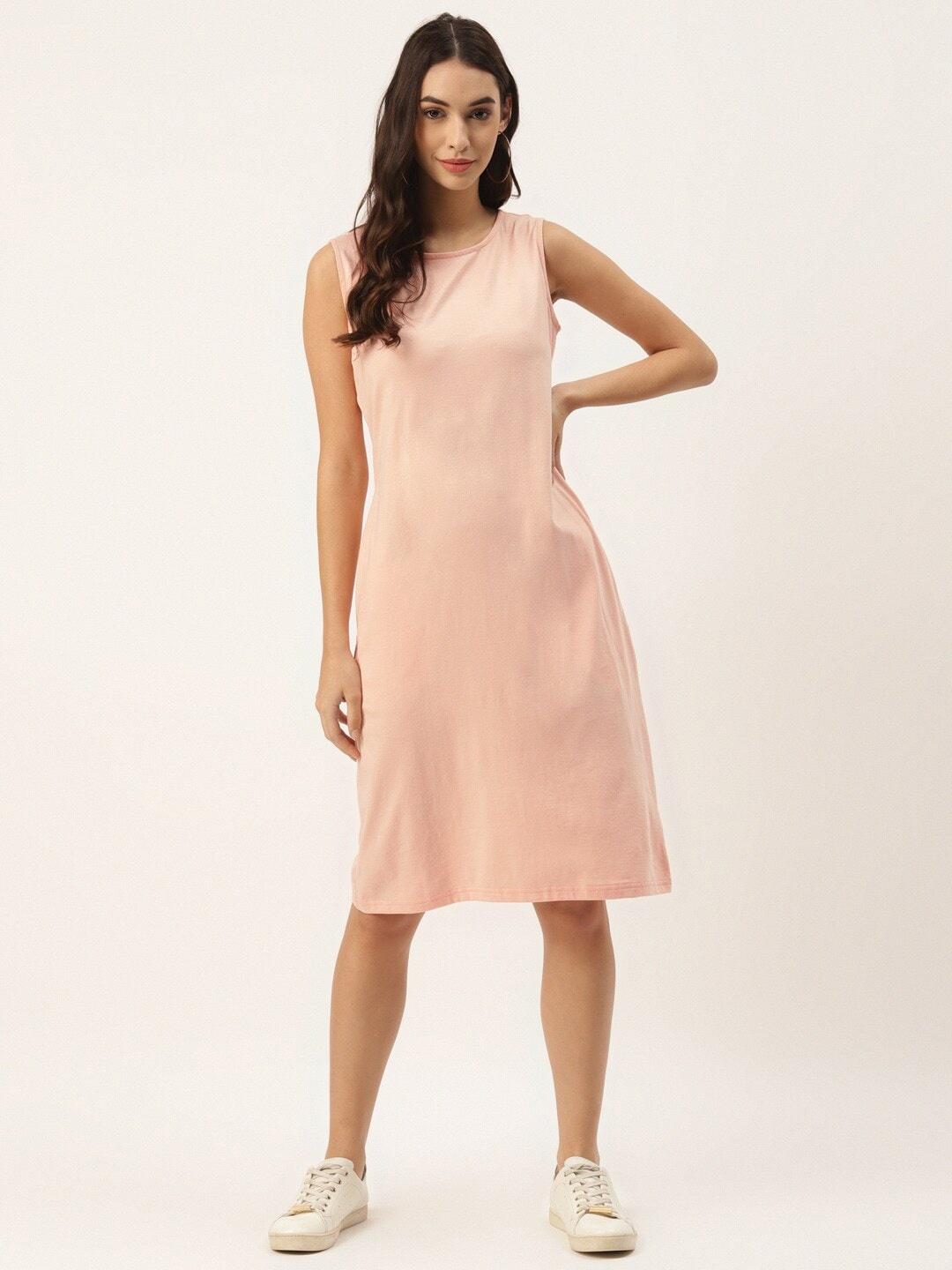 

BRINNS Round Neck Sleeveless A-Line Pure Cotton Dress, Peach
