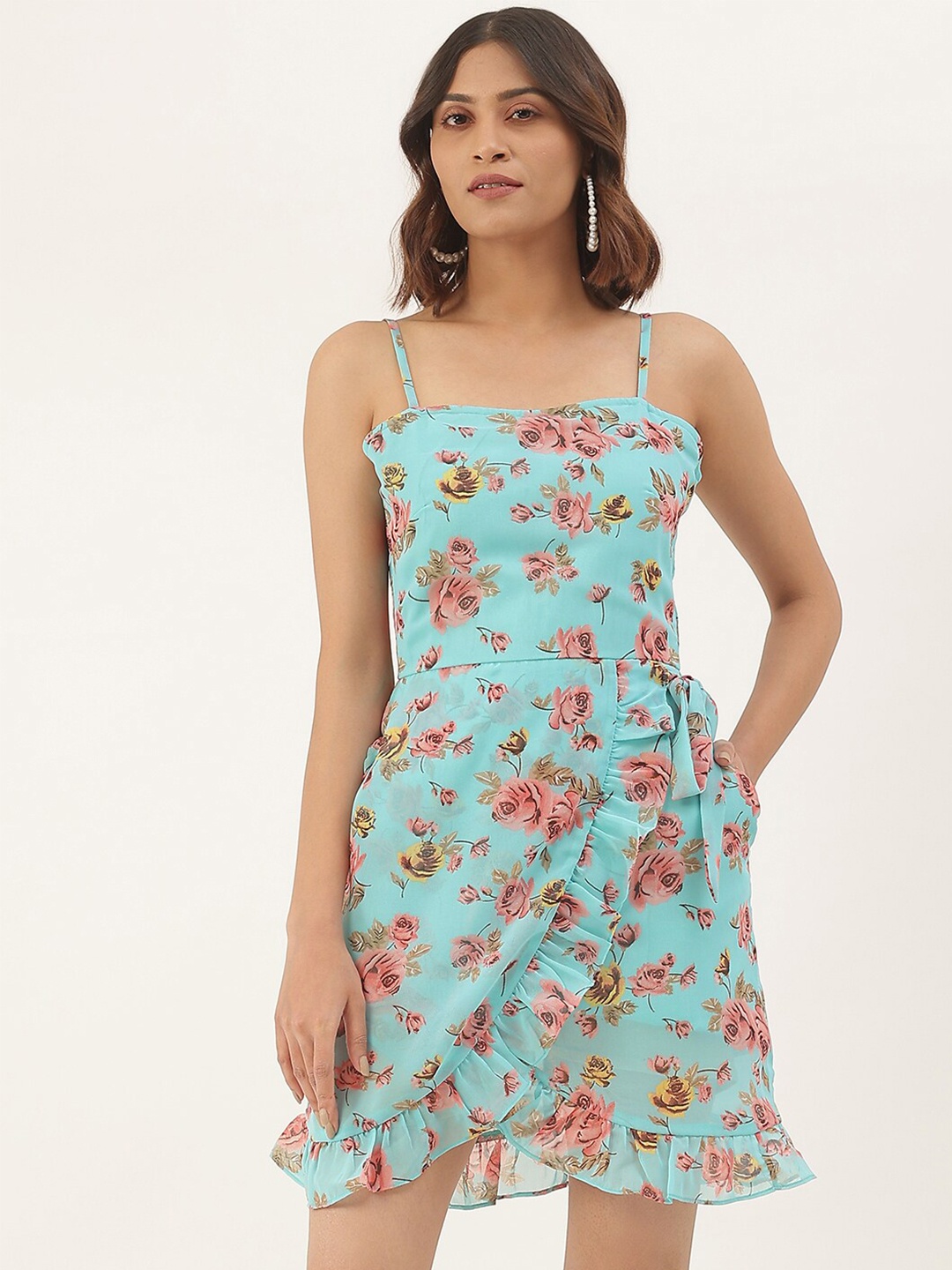

BRINNS Floral Layered Georgette A-Line Dress, Turquoise blue