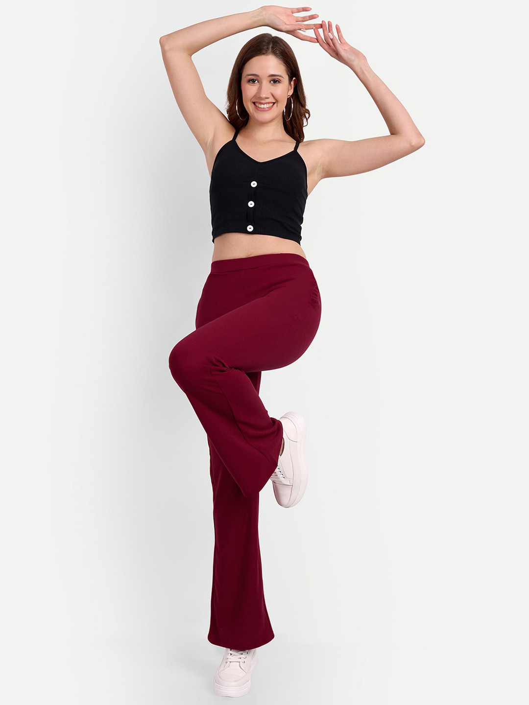 

BROADSTAR Women Relaxed Flared High-Rise Non Iron Trousers, Maroon