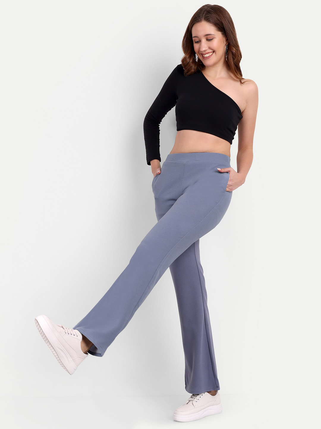 

BROADSTAR Women Relaxed Flared High-Rise Non Iron Trousers, Grey