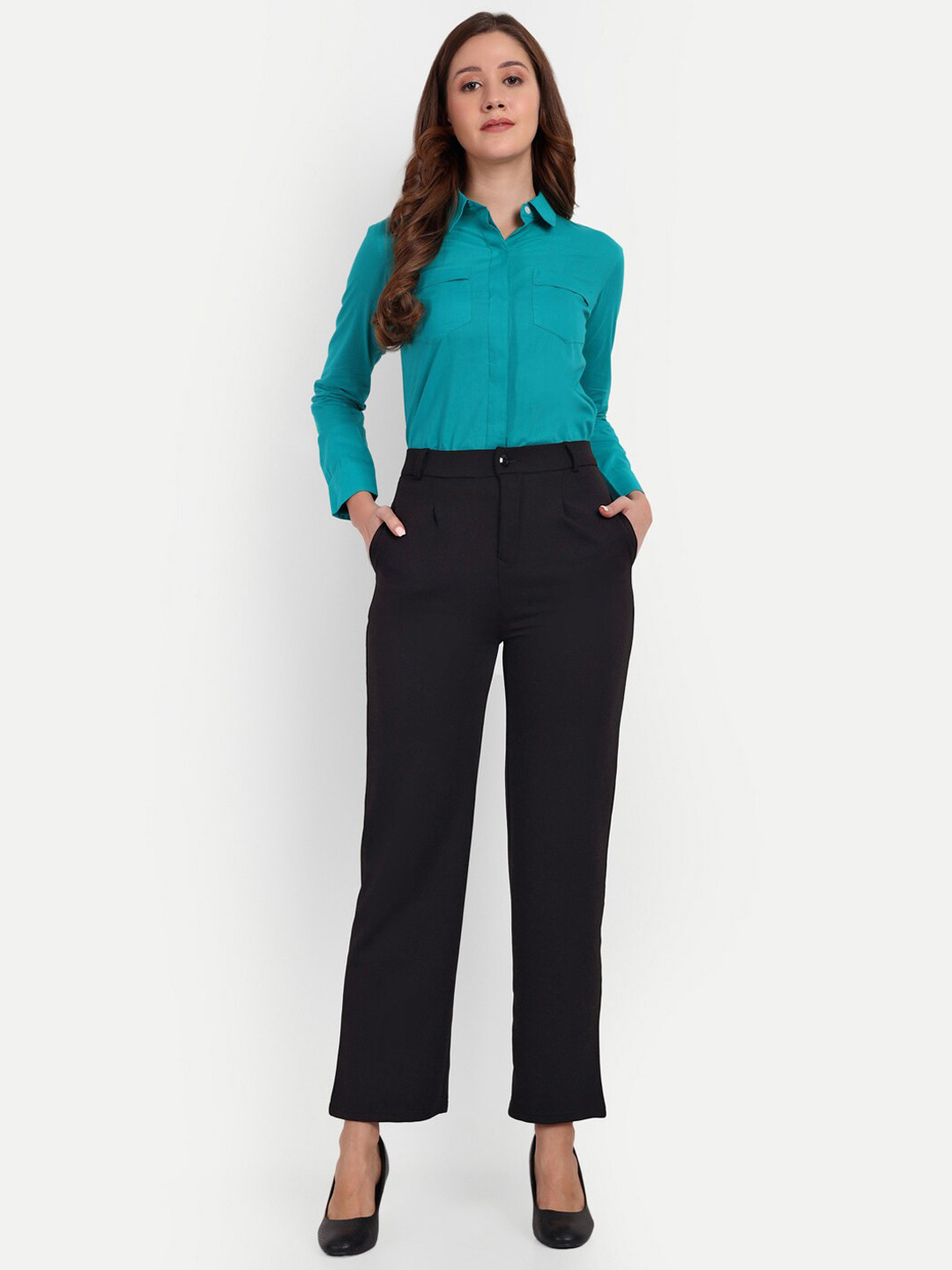 

BROADSTAR Women Tailored Straight Fit High-Rise Easy Wash Trousers, Black