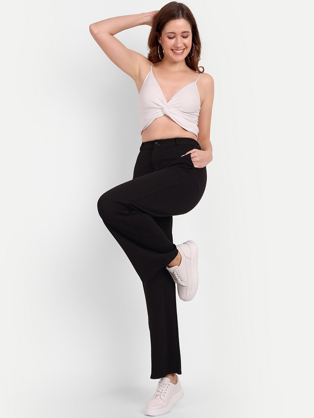 

BROADSTAR Women Smart Loose Fit High-Rise Easy Wash Trousers, Black