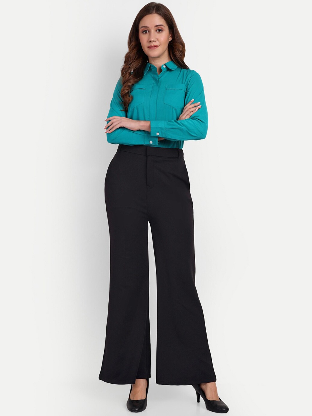 

BROADSTAR Women Smart Flared High-Rise Easy Wash Formal Trousers, Black