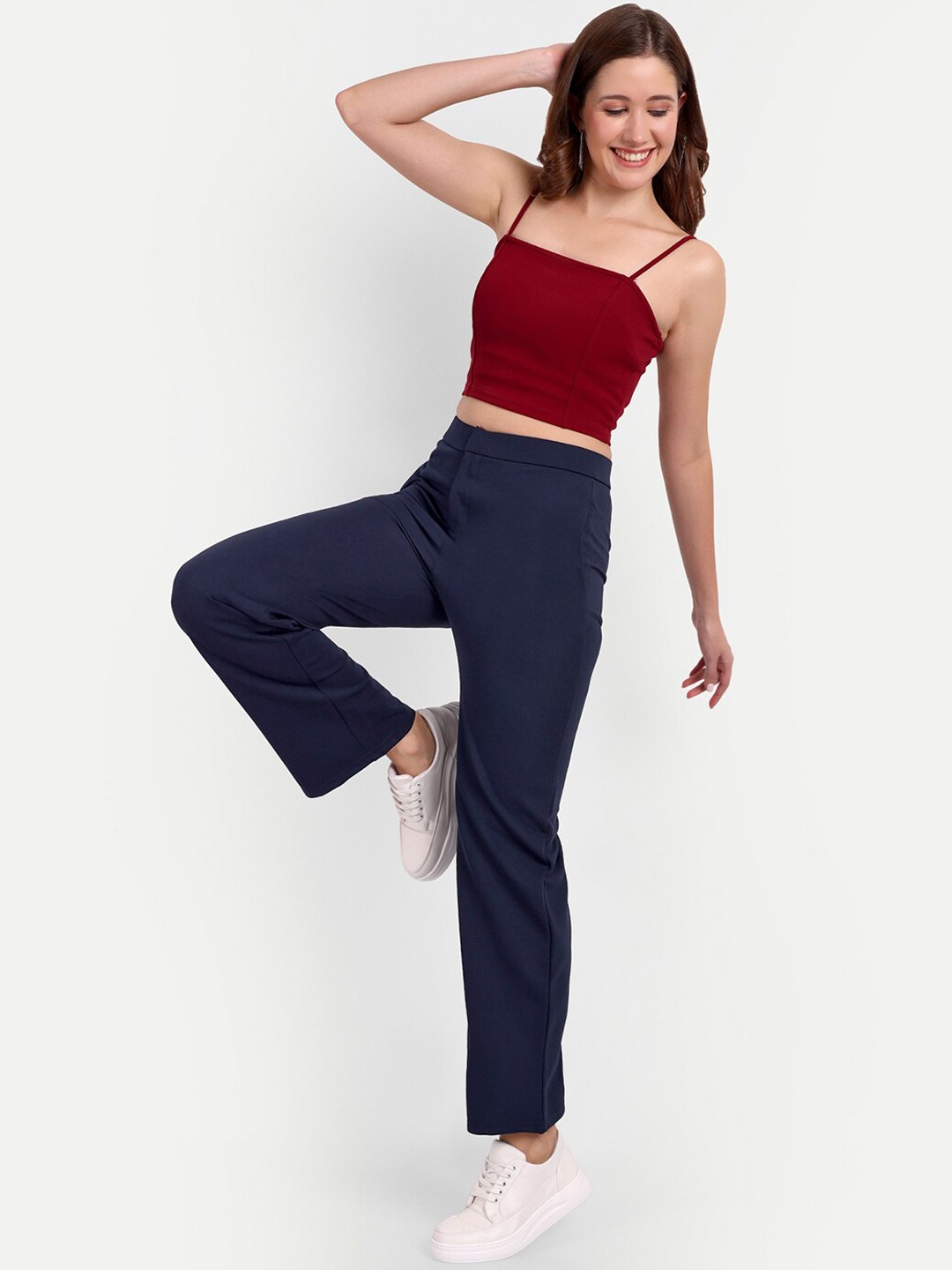 

BROADSTAR Women Relaxed Straight Leg Straight Fit High-Rise Easy Wash Trousers, Navy blue