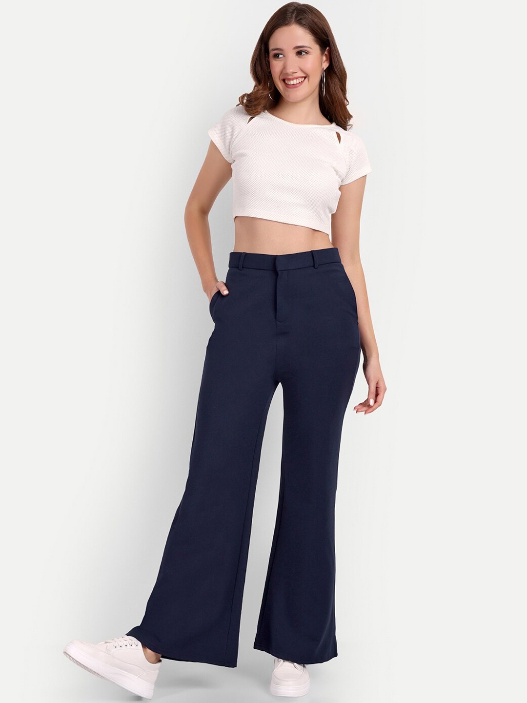 

BROADSTAR Women Smart Flared High-Rise Easy Wash Trousers, Navy blue