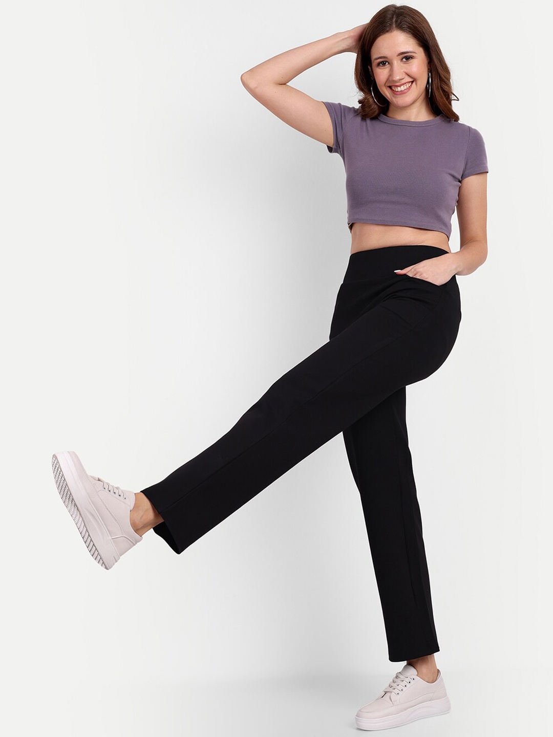 

BROADSTAR Women Relaxed Straight Leg High-Rise Easy Wash Trousers, Black
