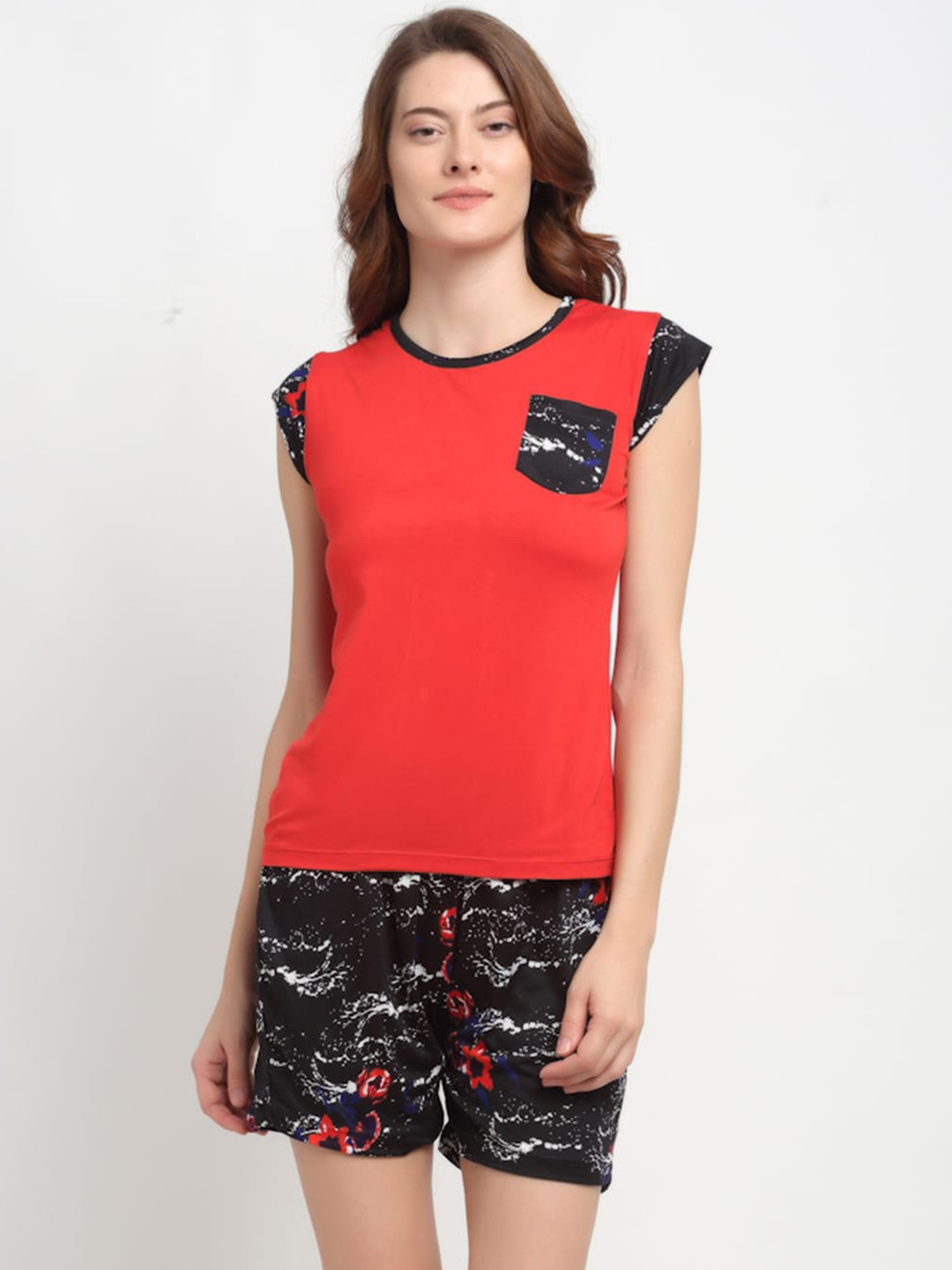 

NEUDIS Women Floral Printed Night Suit, Red