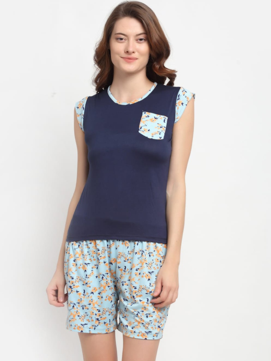 

NEUDIS Women Floral Printed Pure Cotton Night Suit, Navy blue