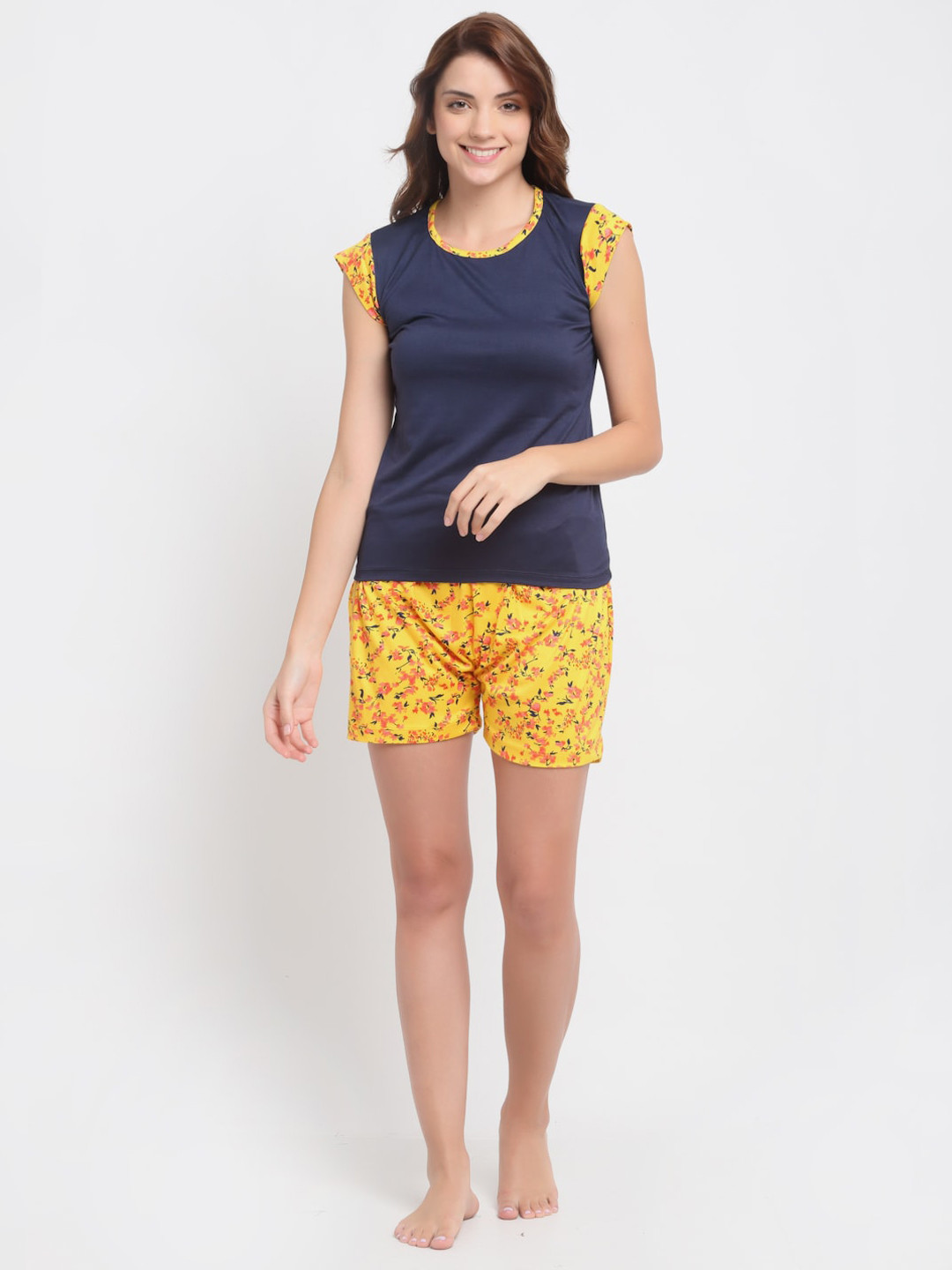 

NEUDIS Women Floral Printed Pure Cotton Night Suit, Navy blue