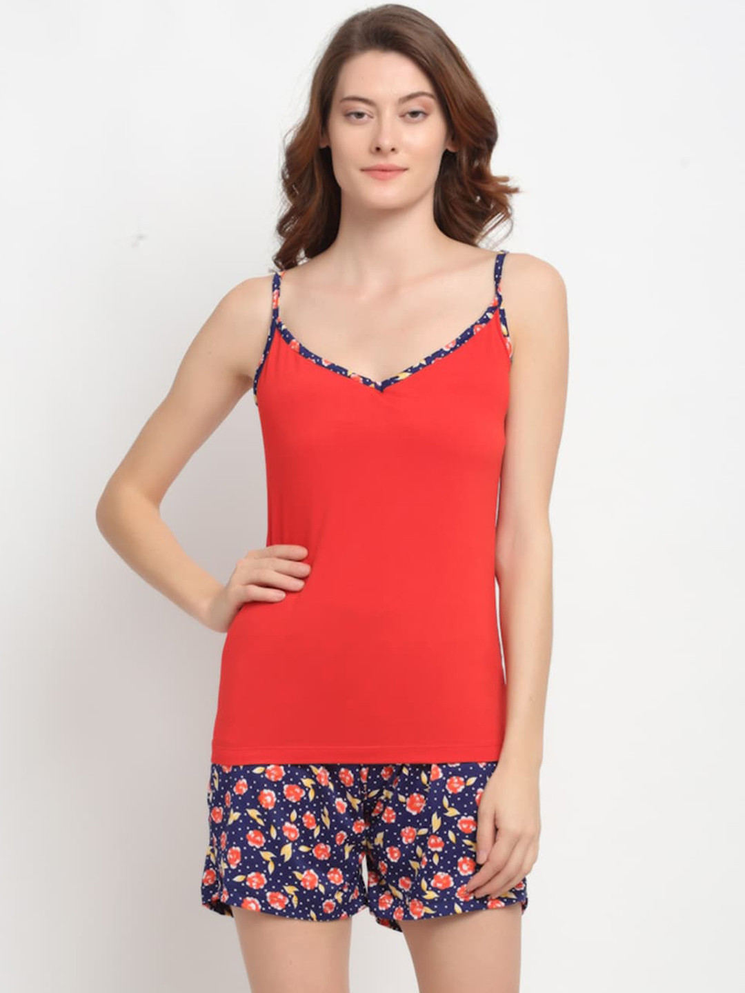 

NEUDIS Women Floral Printed Pure Cotton Night Suit, Red