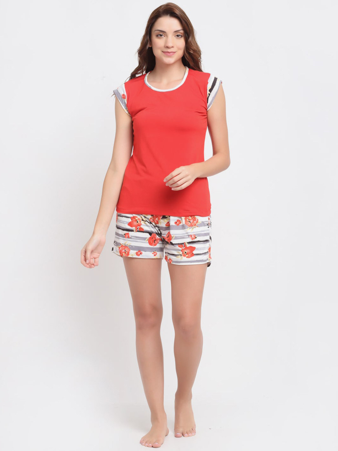 

NEUDIS Women Floral Printed Pure Cotton Night Suit, Red