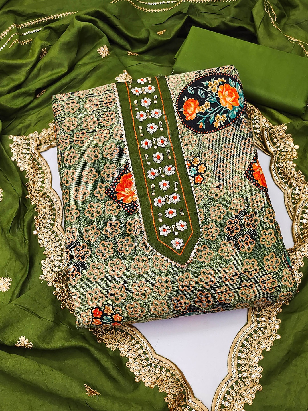 

KALINI Embroidered Pure Cotton Unstitched Dress Material, Green