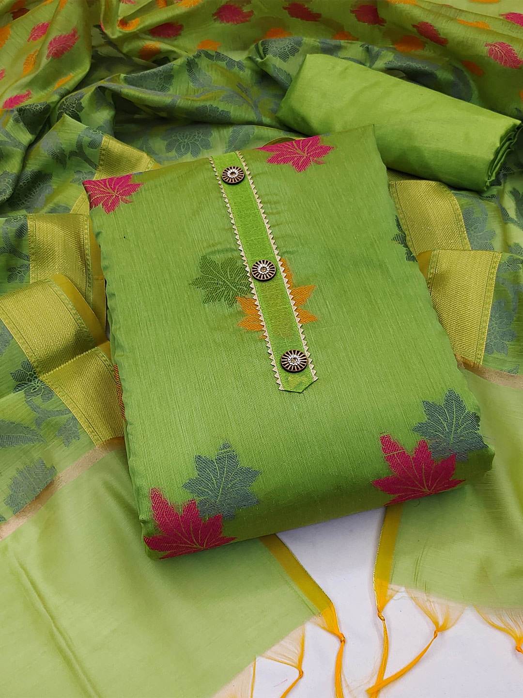 

KALINI Woven Design Unstitched Dress Material, Green