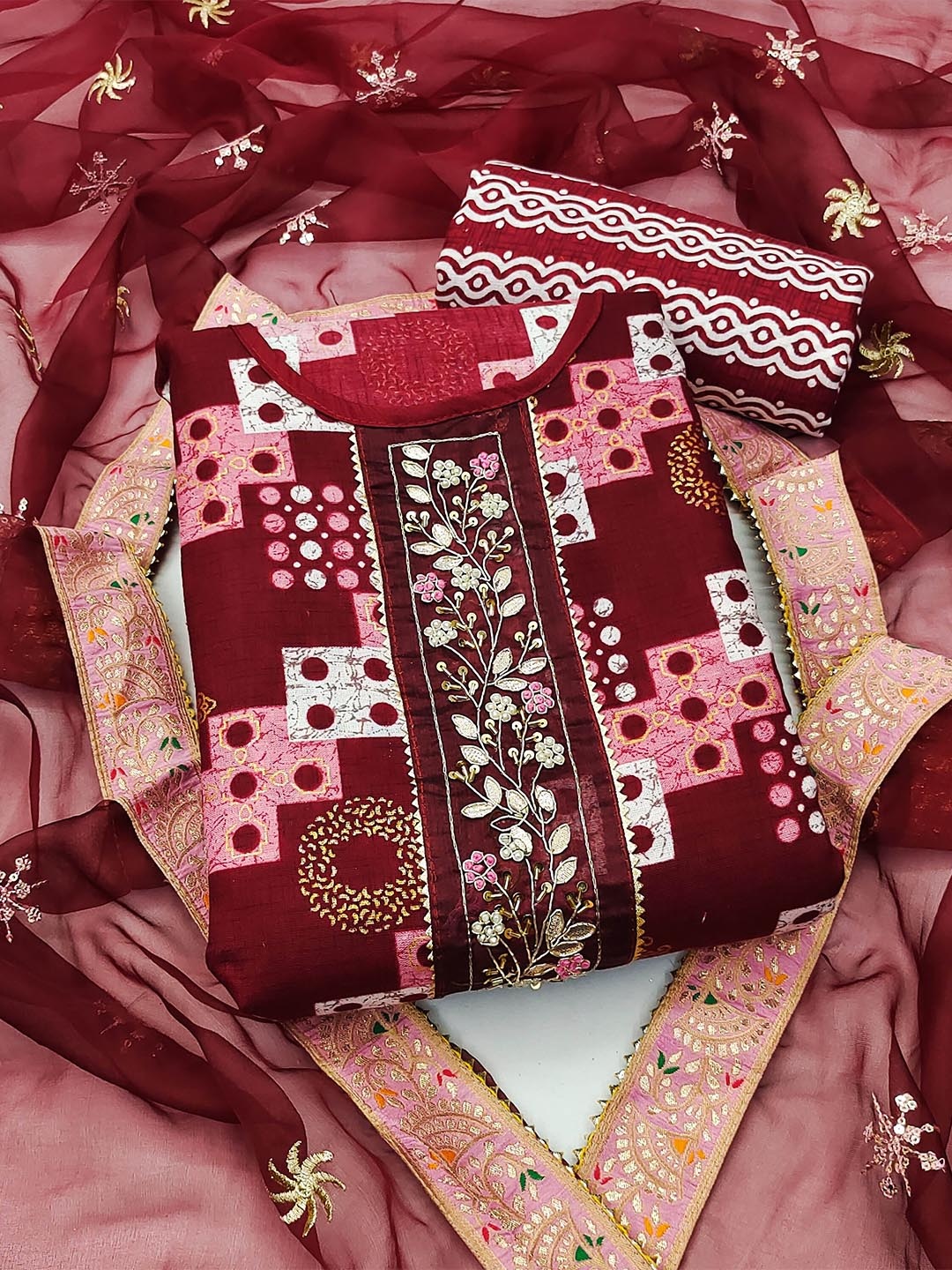 

KALINI Embroidered Pure Cotton Unstitched Dress Material, Maroon