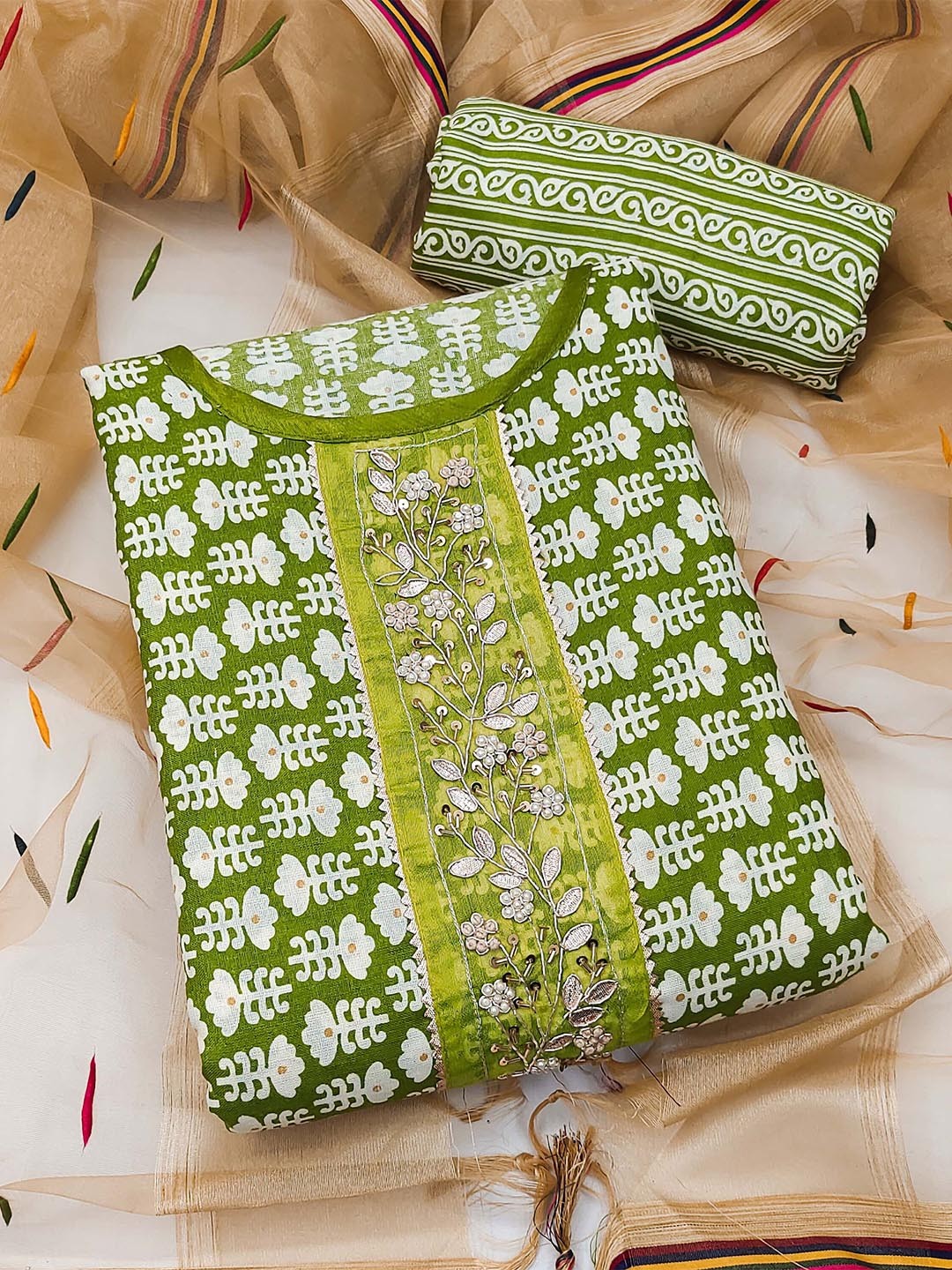 

KALINI Embroidered Pure Cotton Unstitched Dress Material, Green