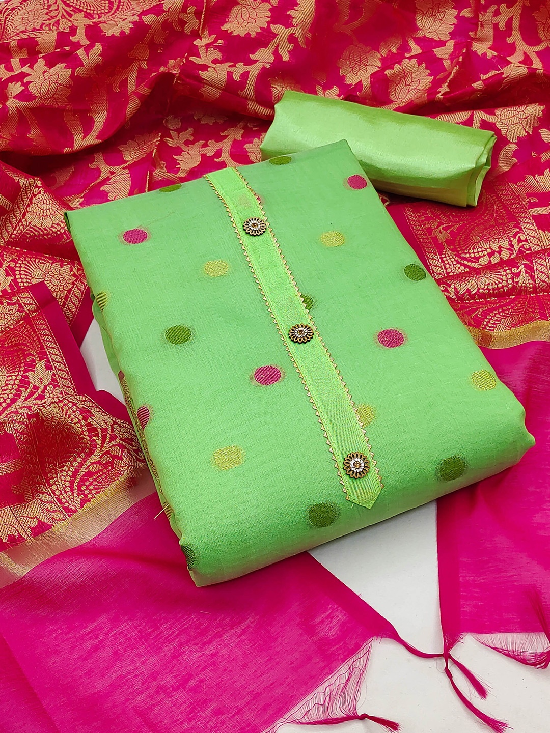 

KALINI Woven Design Unstitched Dress Material, Green