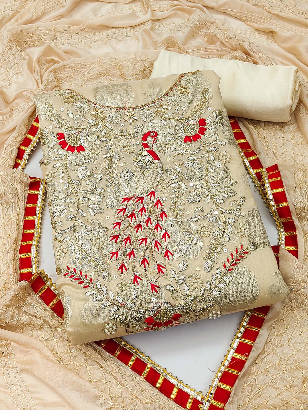 

KALINI Embroidered Unstitched Dress Material, Beige