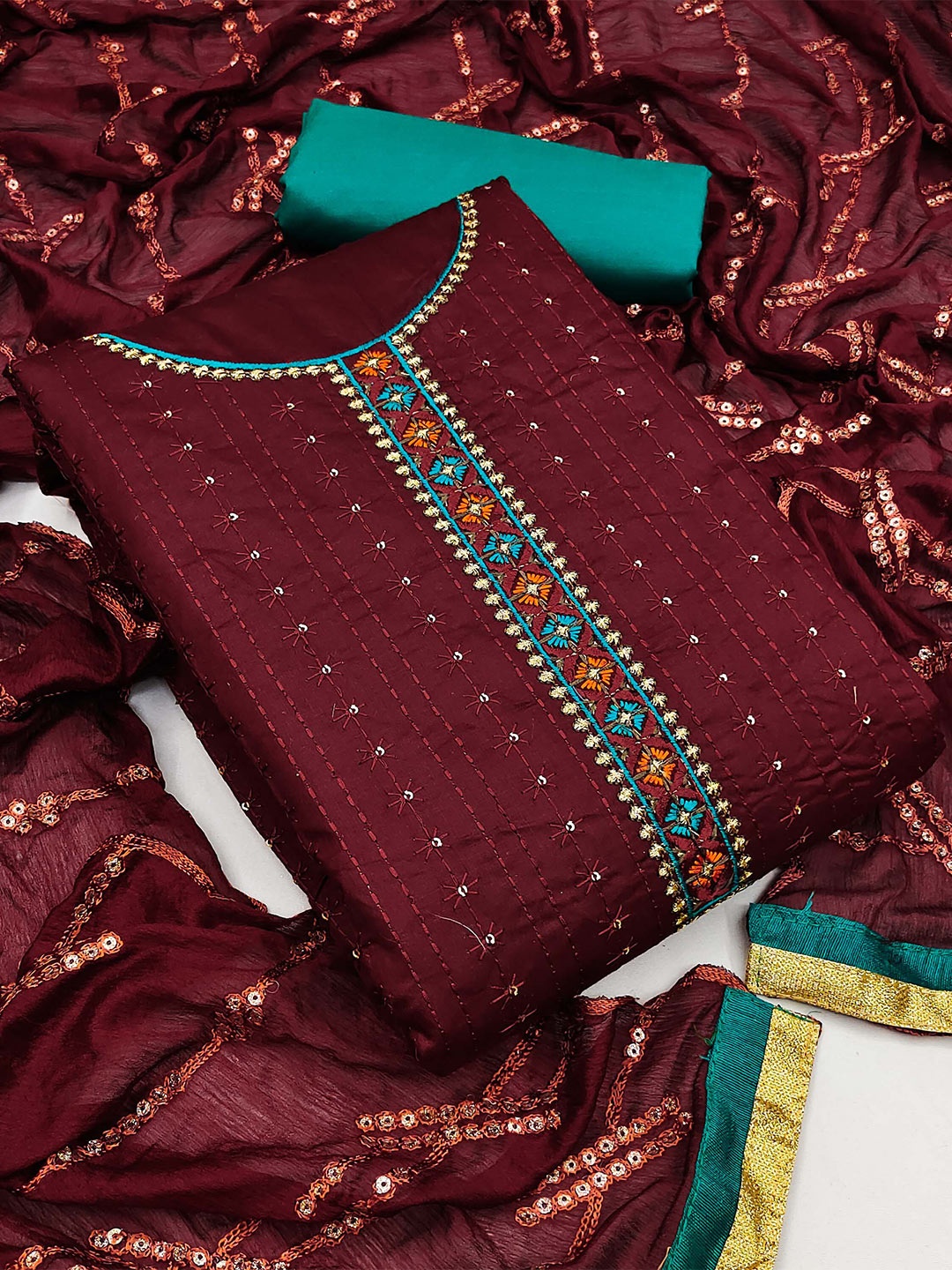 

KALINI Embroidered Unstitched Dress Material, Maroon