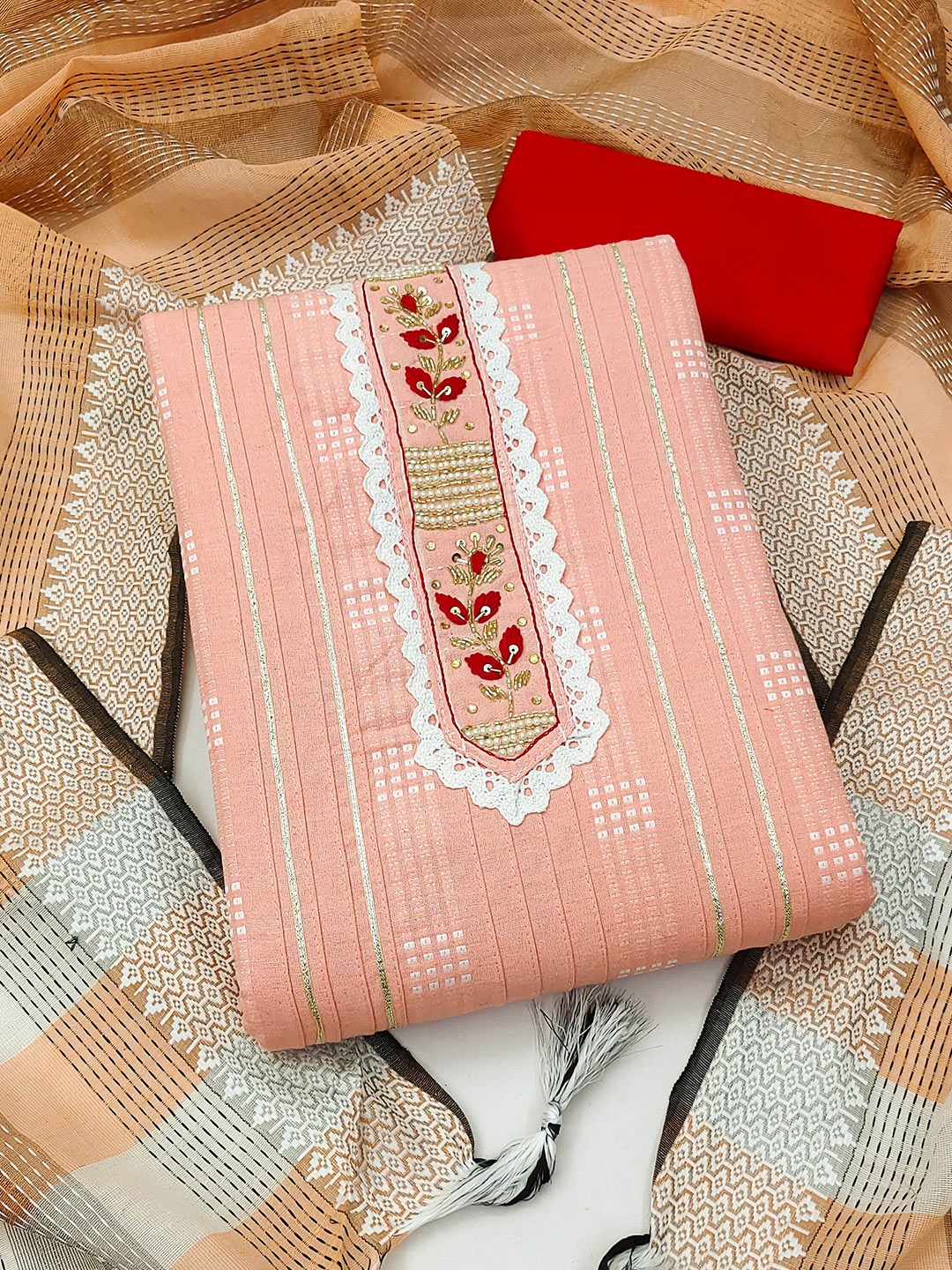 

KALINI Unstitched Dress Material, Peach