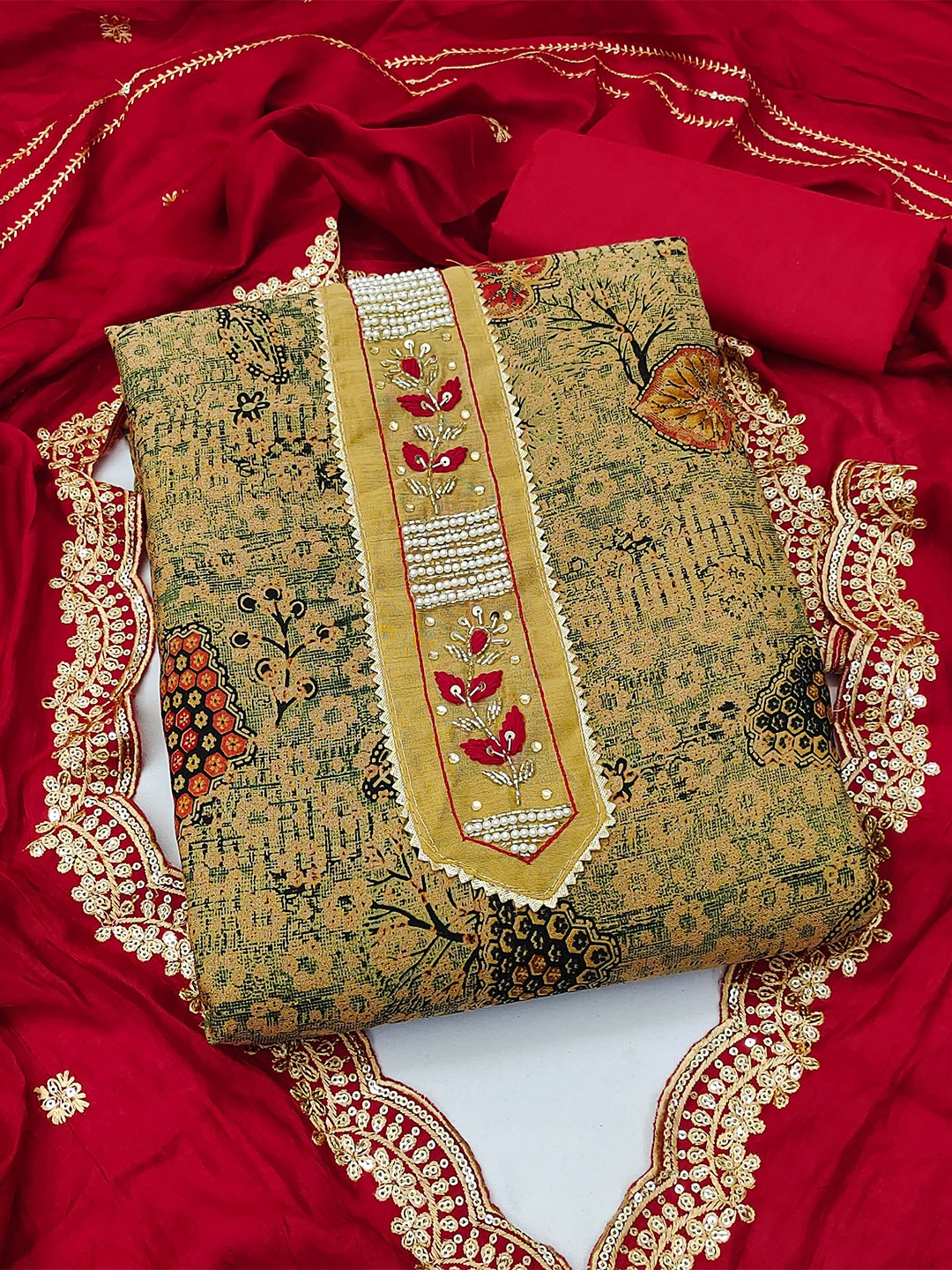 

KALINI Embroidered Pure Cotton Unstitched Dress Material, Green