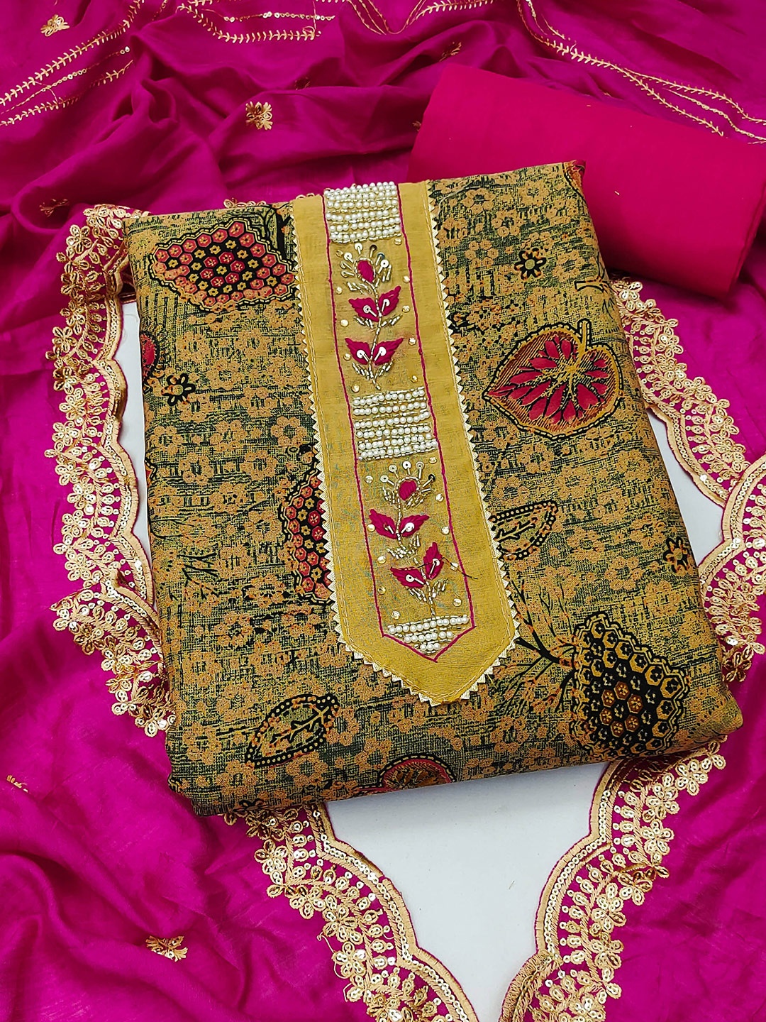 

KALINI Embroidered Pure Cotton Unstitched Dress Material, Green