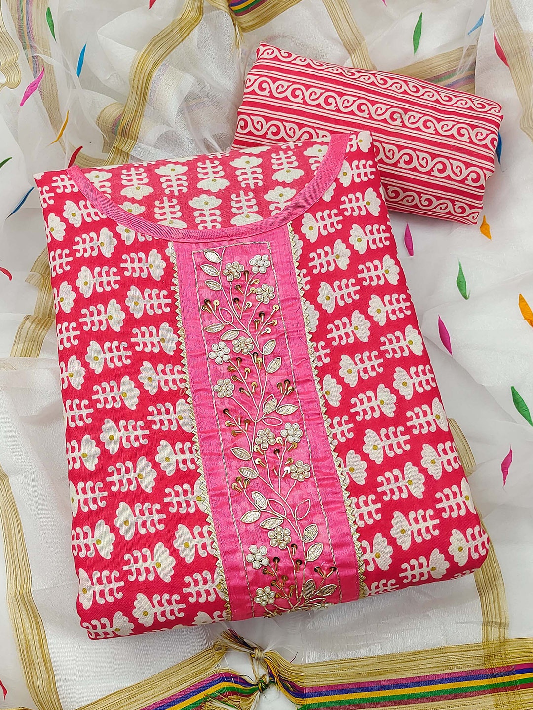 

KALINI Embroidered Pure Cotton Unstitched Dress Material, Pink